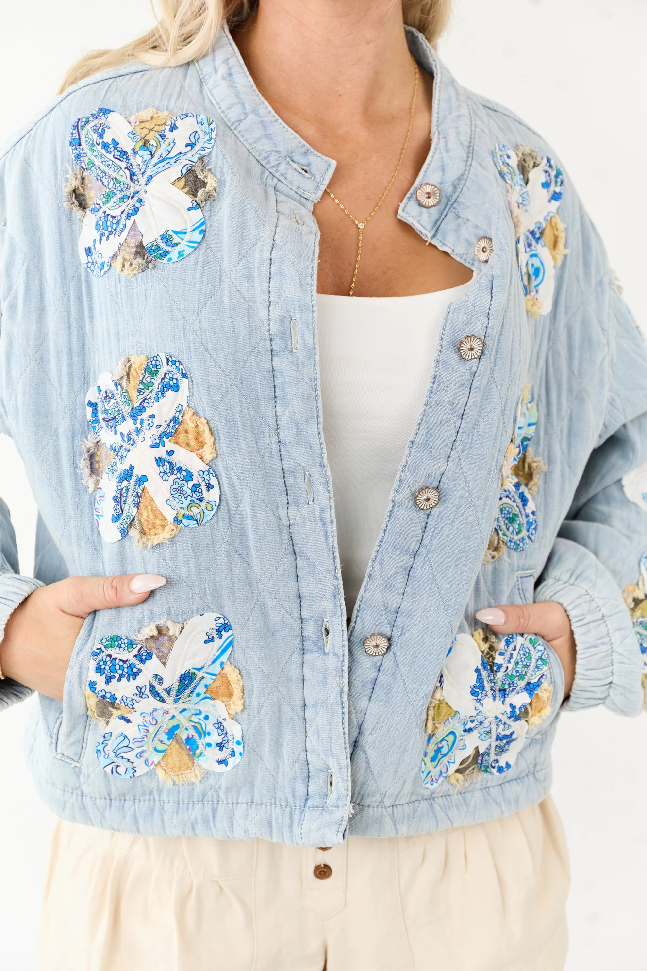 Quilted Floral Patch Denim Jacket with Boho Charm