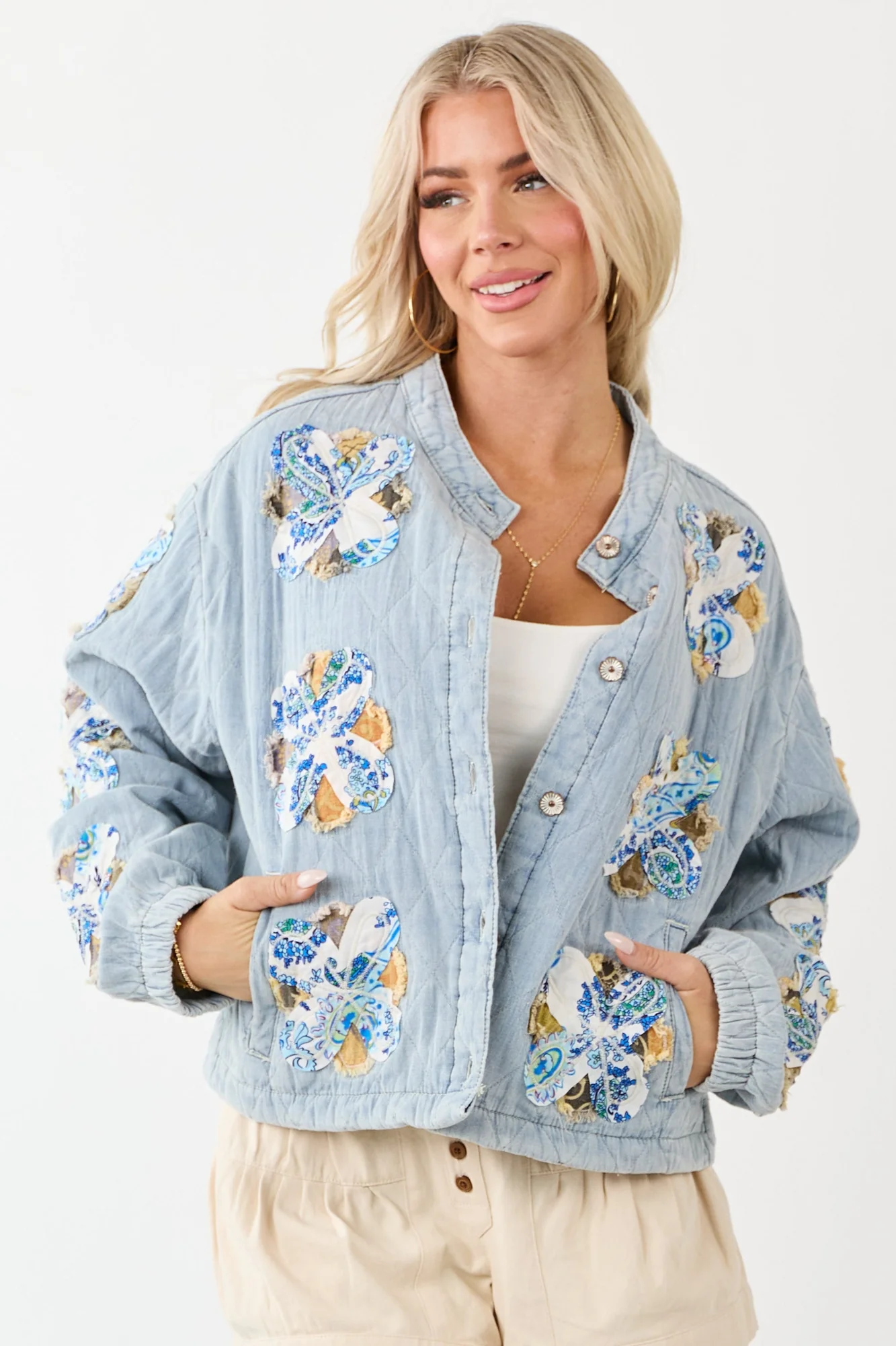 Quilted Floral Patch Denim Jacket with Boho Charm