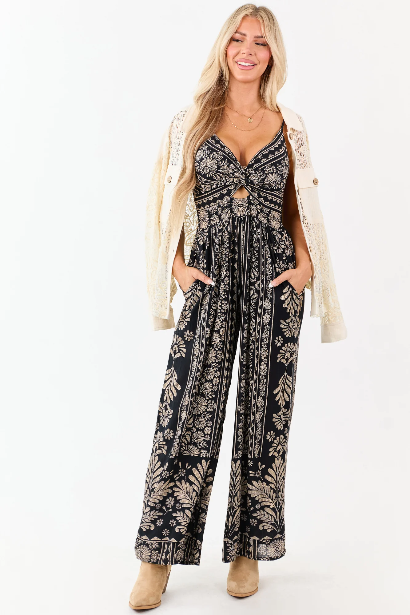 Black Floral Print Twist Front Wide-Leg Jumpsuit