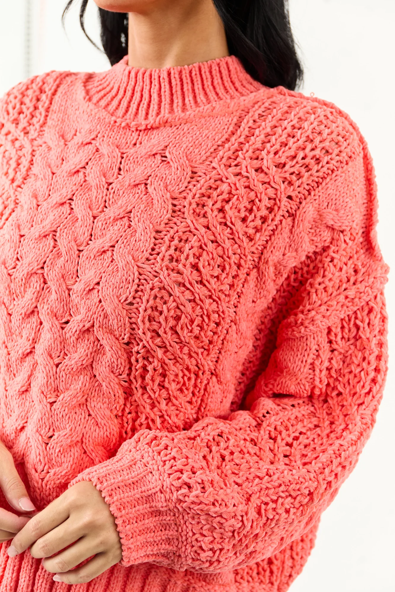 Pink Bubble Sleeve Cable Knit Sweater - Cozy & Oversized