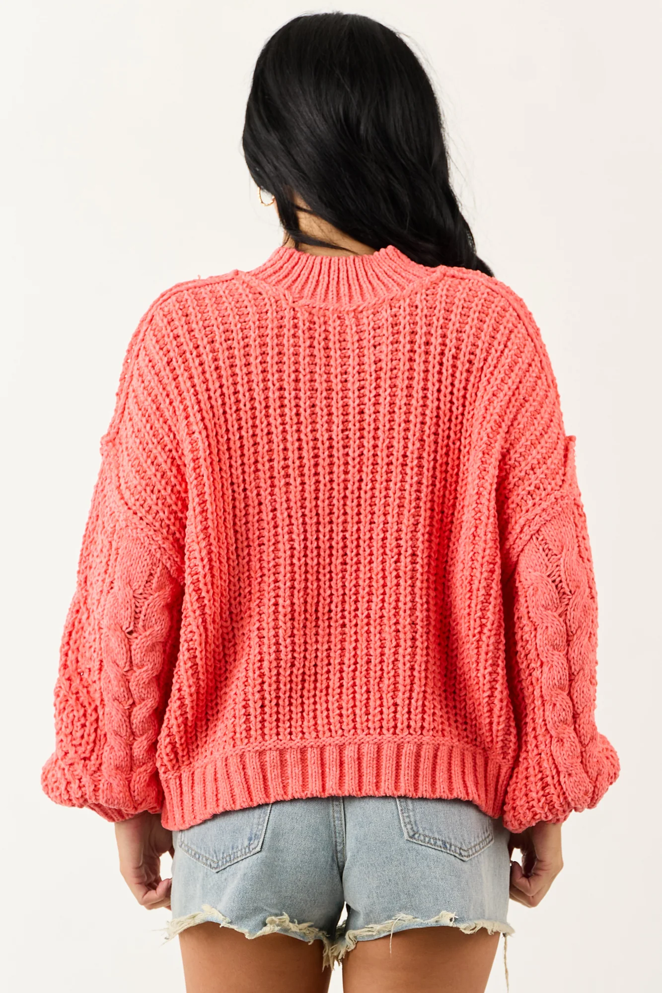 Pink Bubble Sleeve Cable Knit Sweater - Cozy & Oversized