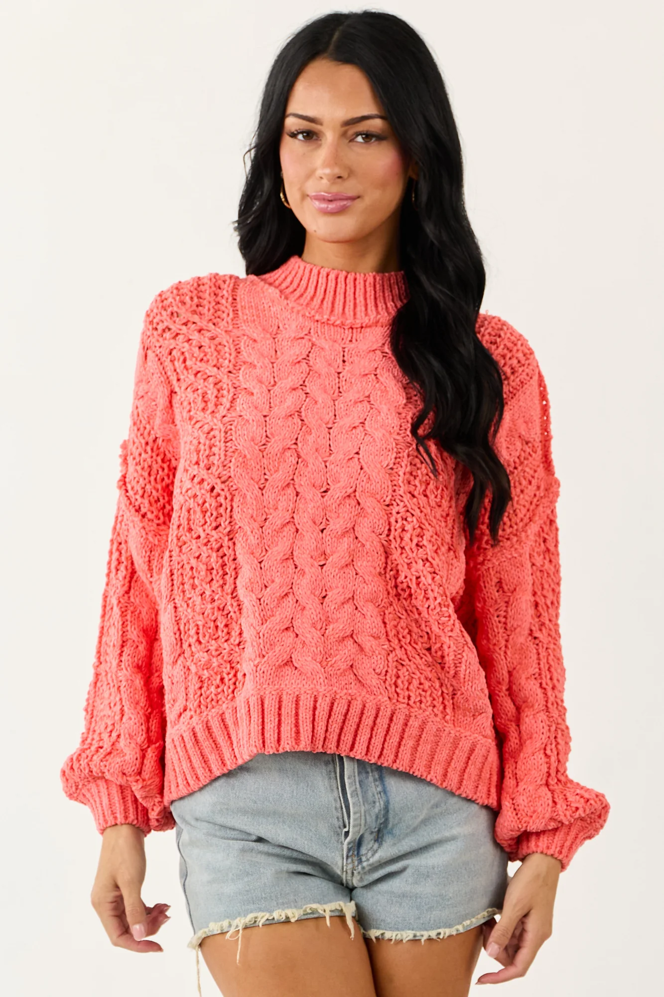 Pink Bubble Sleeve Cable Knit Sweater - Cozy & Oversized