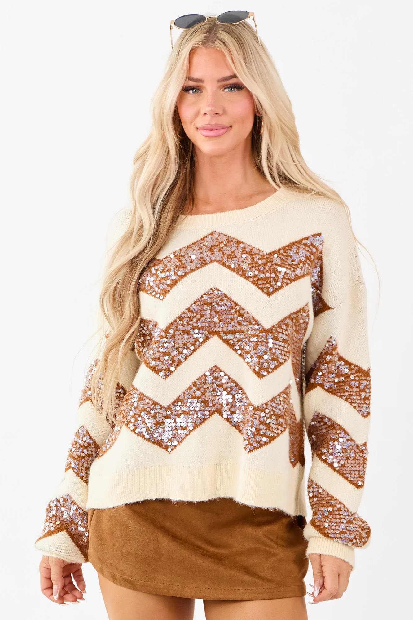 Chevron Sequined Knit Sweater in Cream and Sepia
