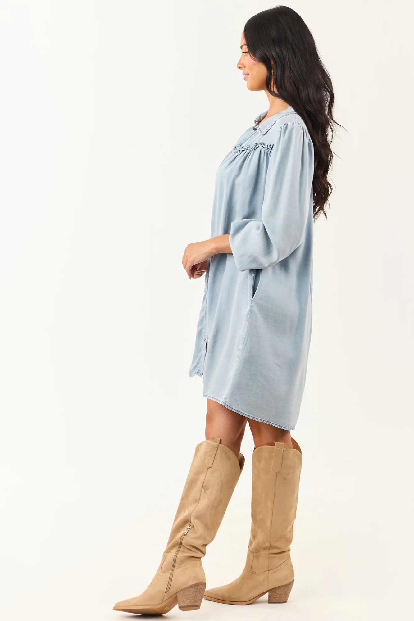 Blue Chambray Denim Mini Dress - Lightweight Button Down