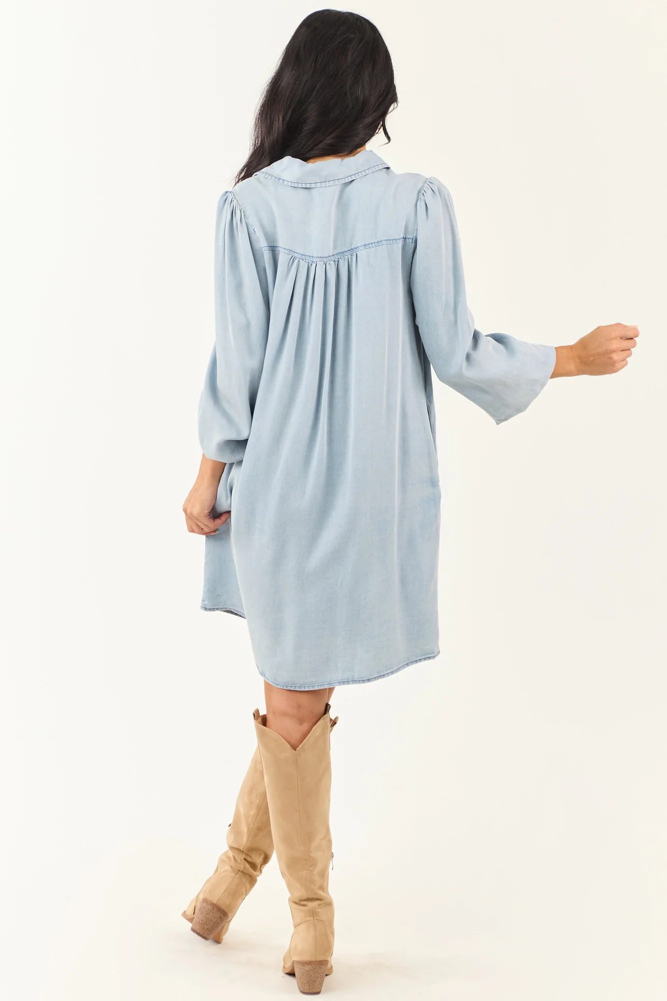 Blue Chambray Denim Mini Dress - Lightweight Button Down