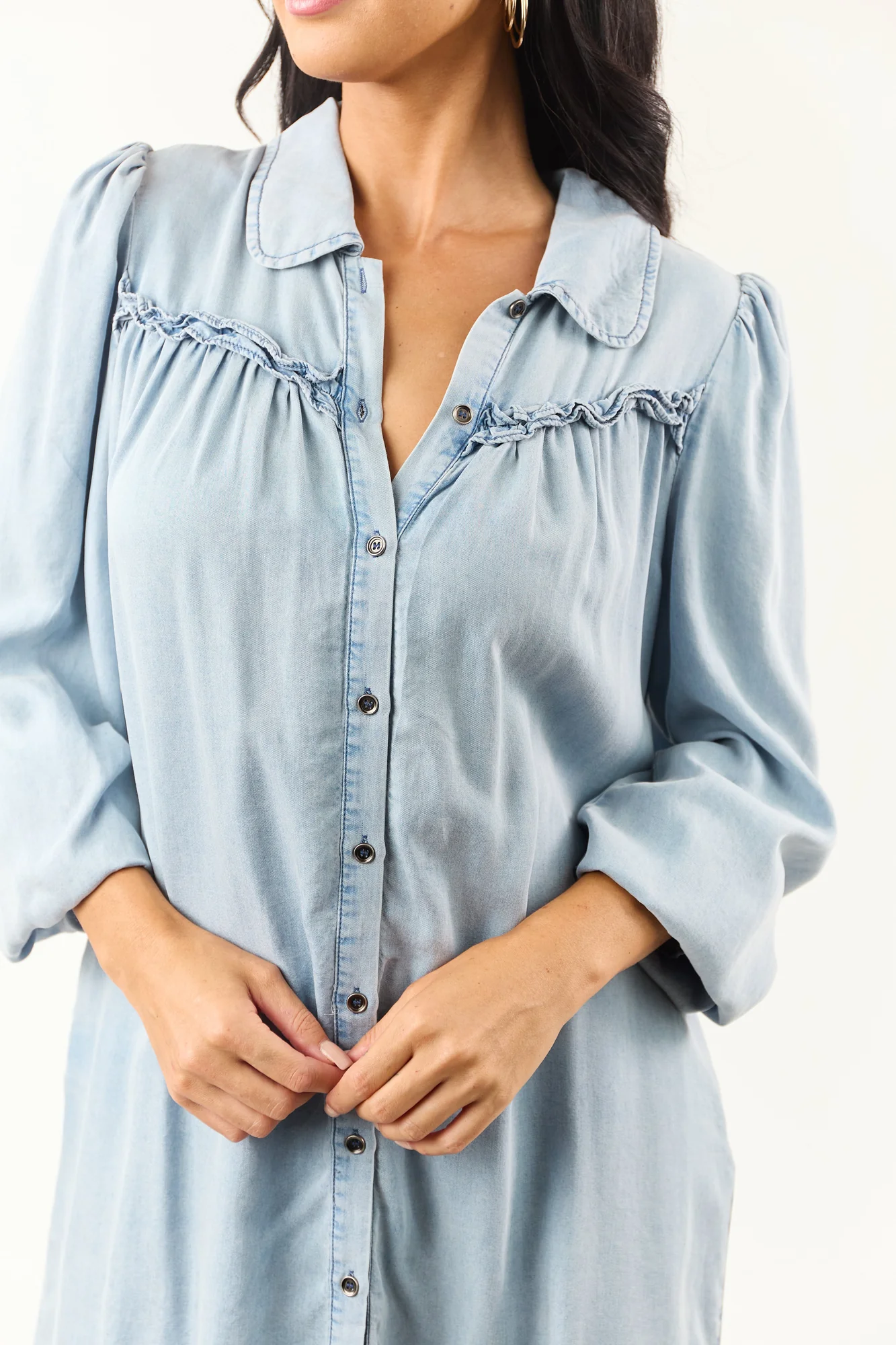 Blue Chambray Denim Mini Dress - Lightweight Button Down