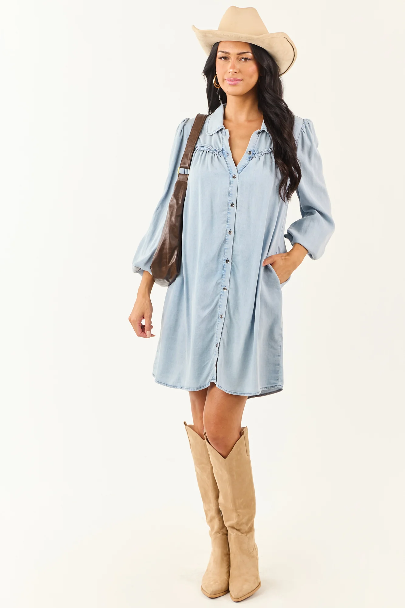 Blue Chambray Denim Mini Dress - Lightweight Button Down