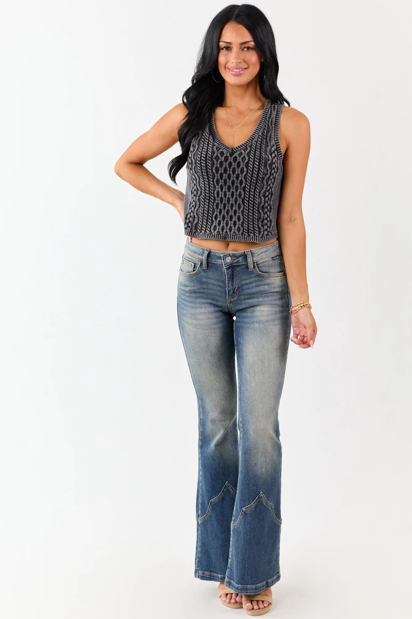 Charcoal Cable Knit Crop Tank Top