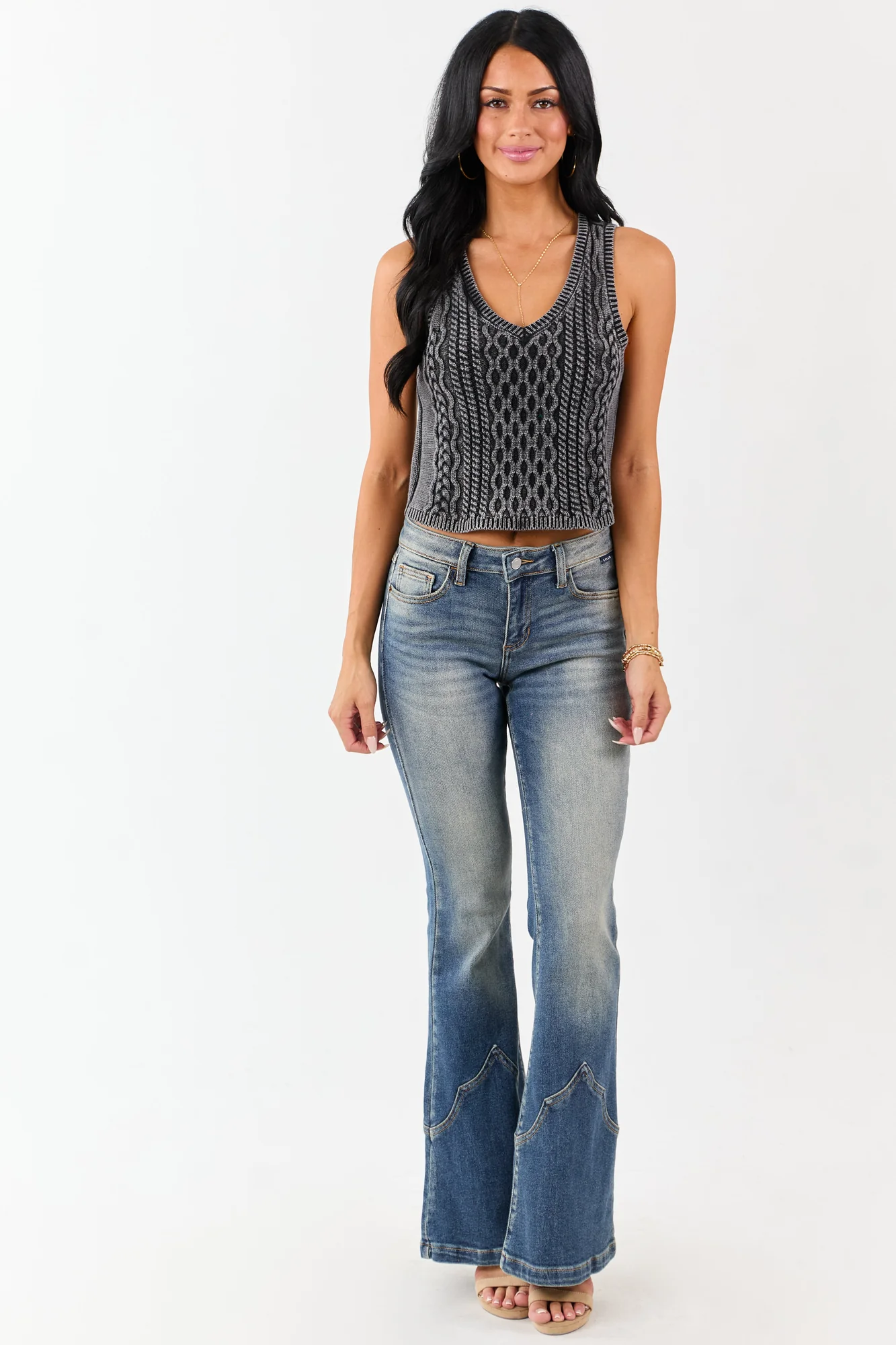 Charcoal Cable Knit Crop Tank Top