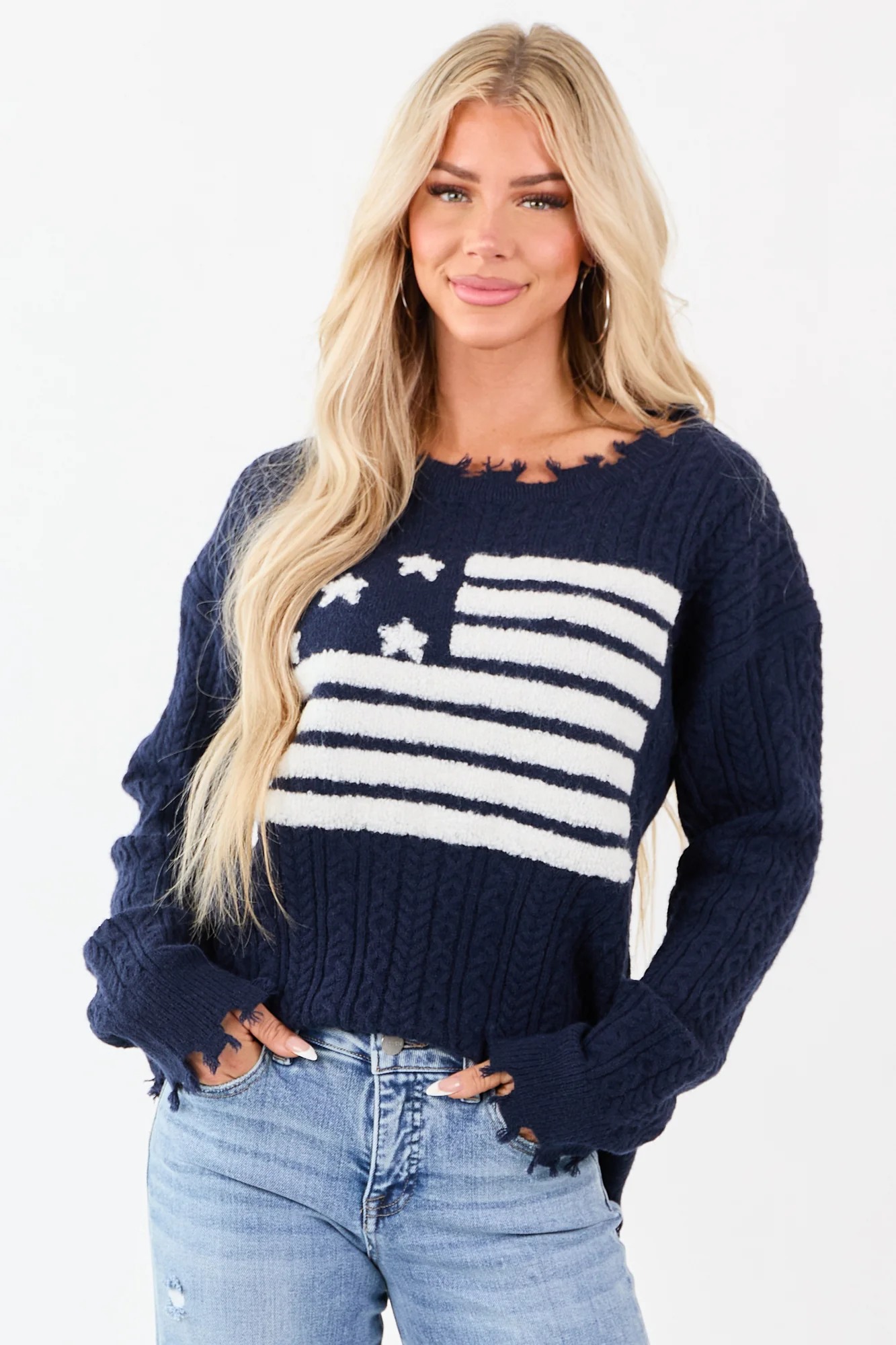 American Flag Graphic Distressed Trim Casual Sweater