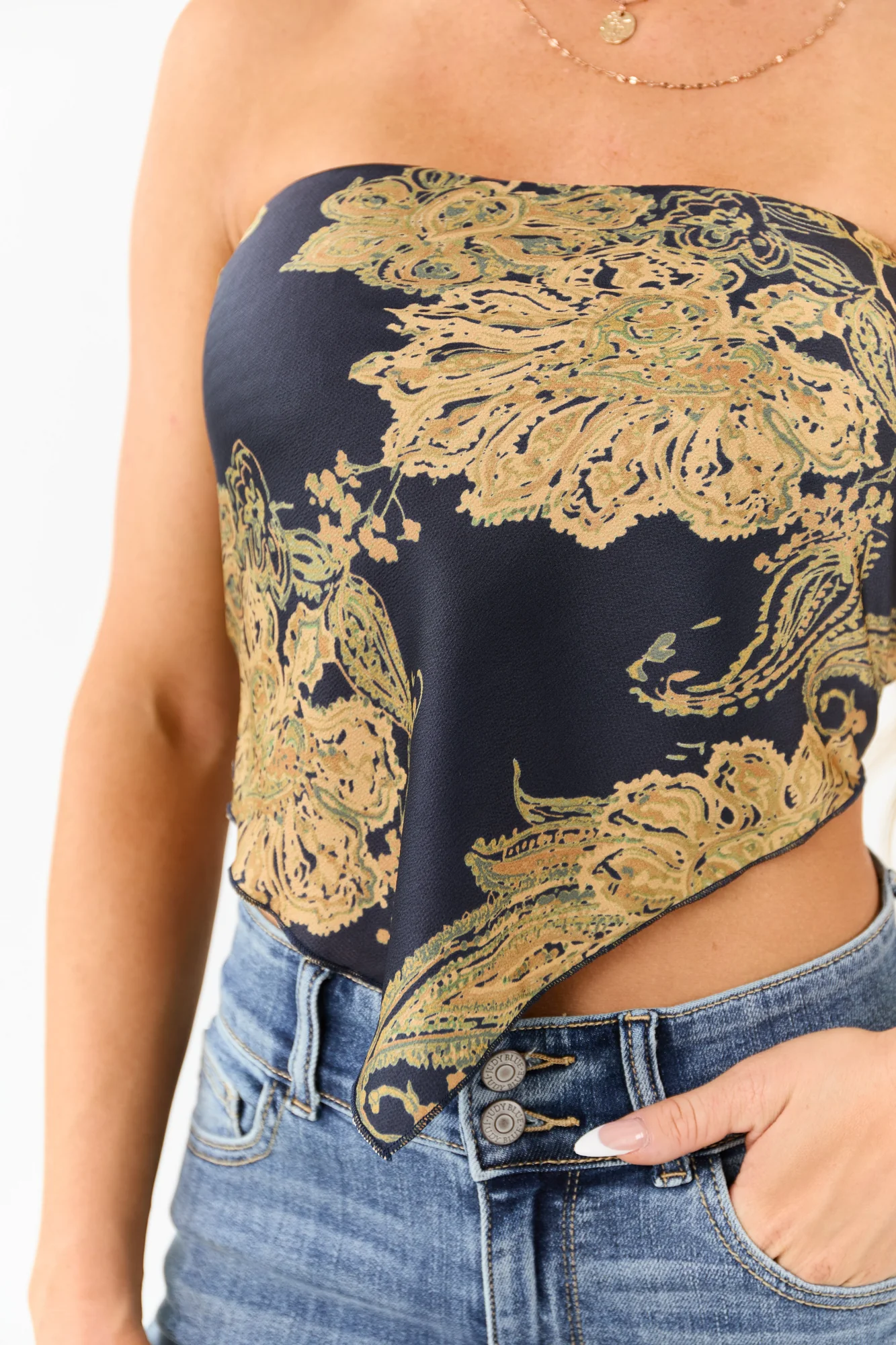 Satin Navy Paisley Smocked Bandana Tank Top