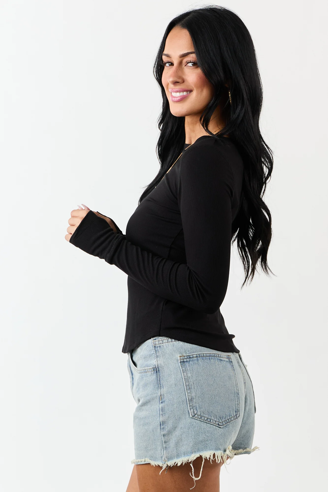 Black Rib Knit Round Neck Top with Thumb Holes