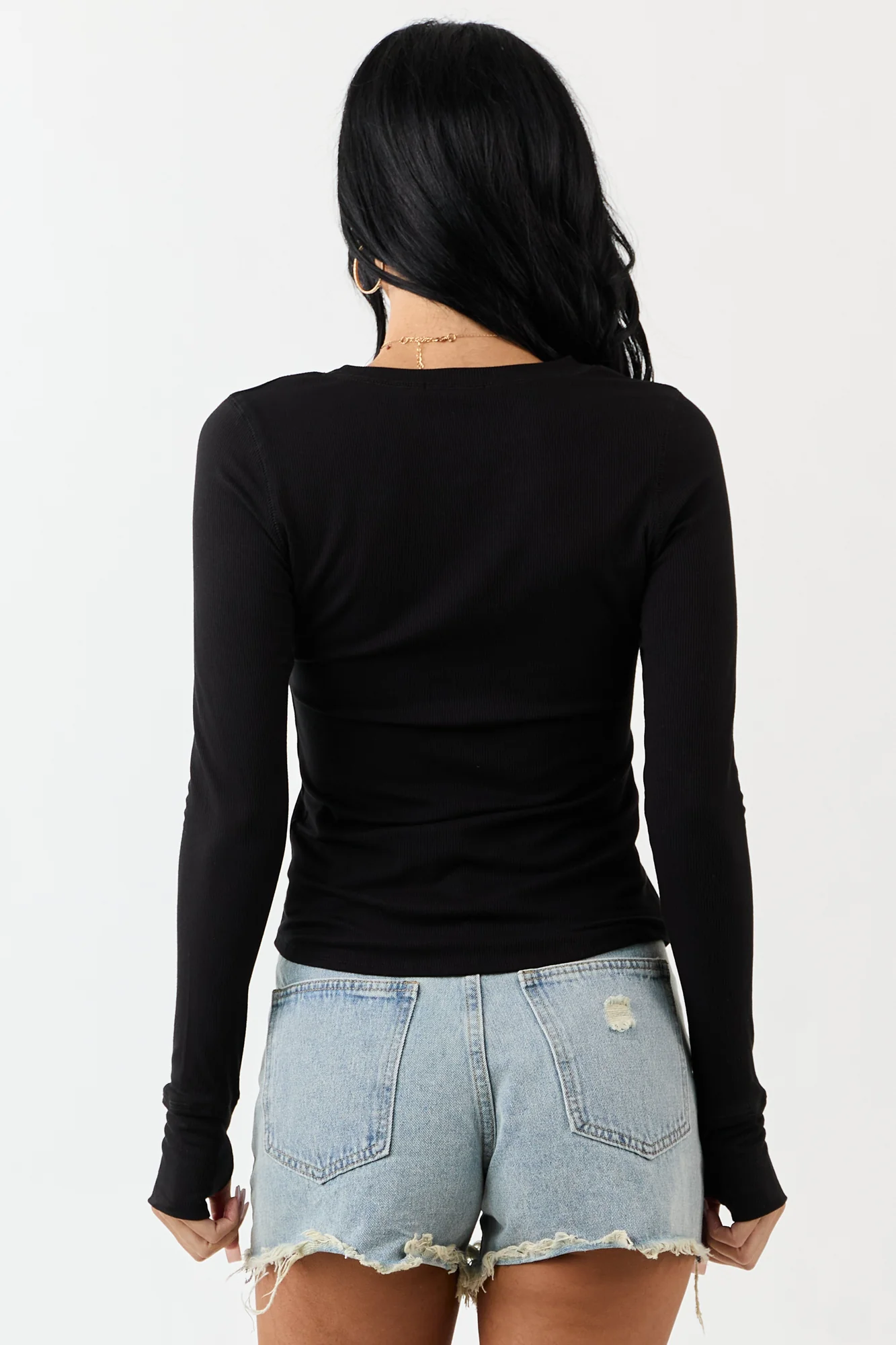 Black Rib Knit Round Neck Top with Thumb Holes