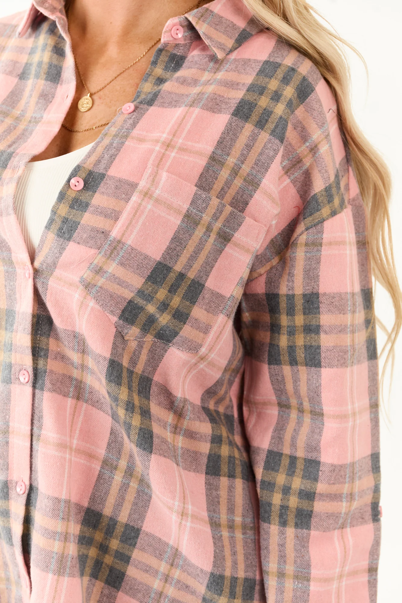Cozy Faded Plaid Flannel Top in White, Stone, and Sand