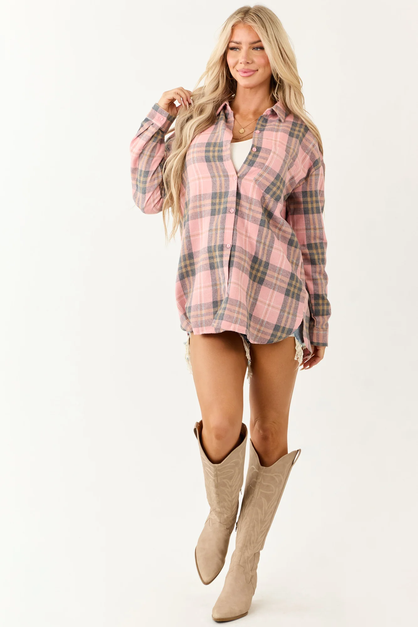 Cozy Faded Plaid Flannel Top in White, Stone, and Sand