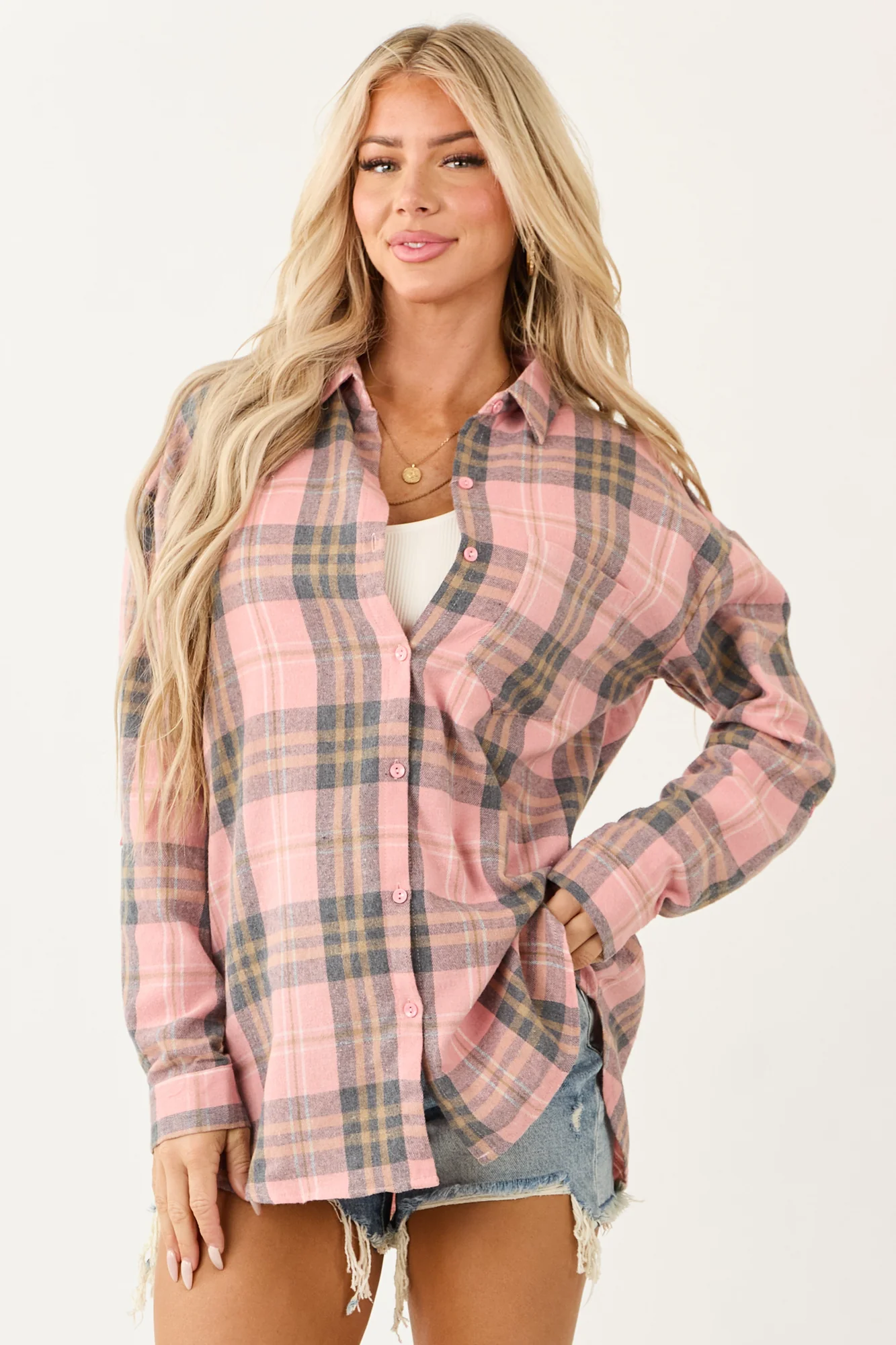Cozy Faded Plaid Flannel Top in White, Stone, and Sand