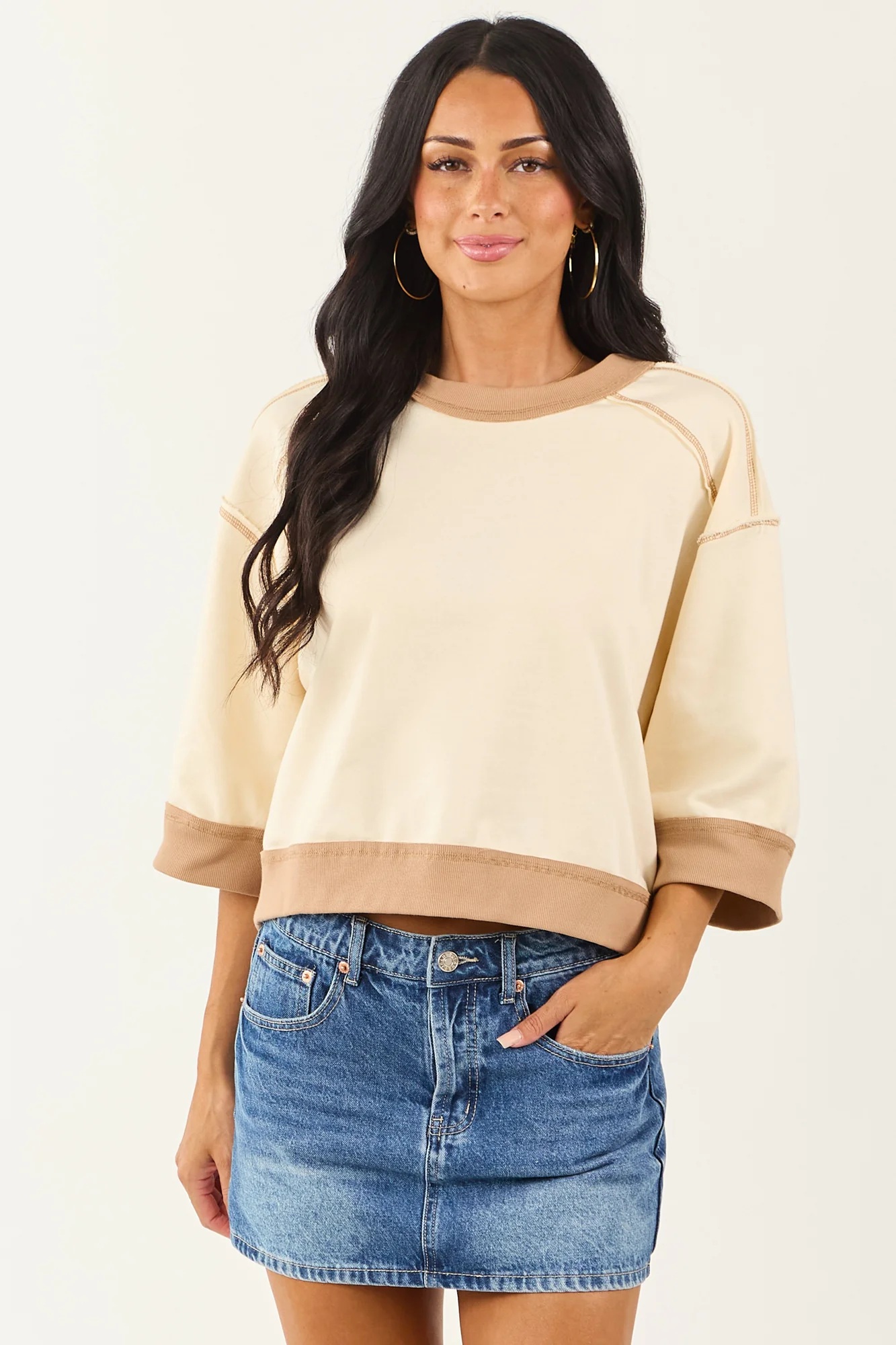 Cream Knit Top with Coffee Trim Detail
