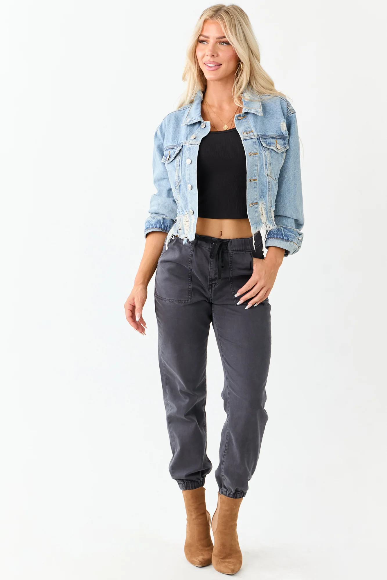 Mineral Wash Distressed Crop Denim Jacket