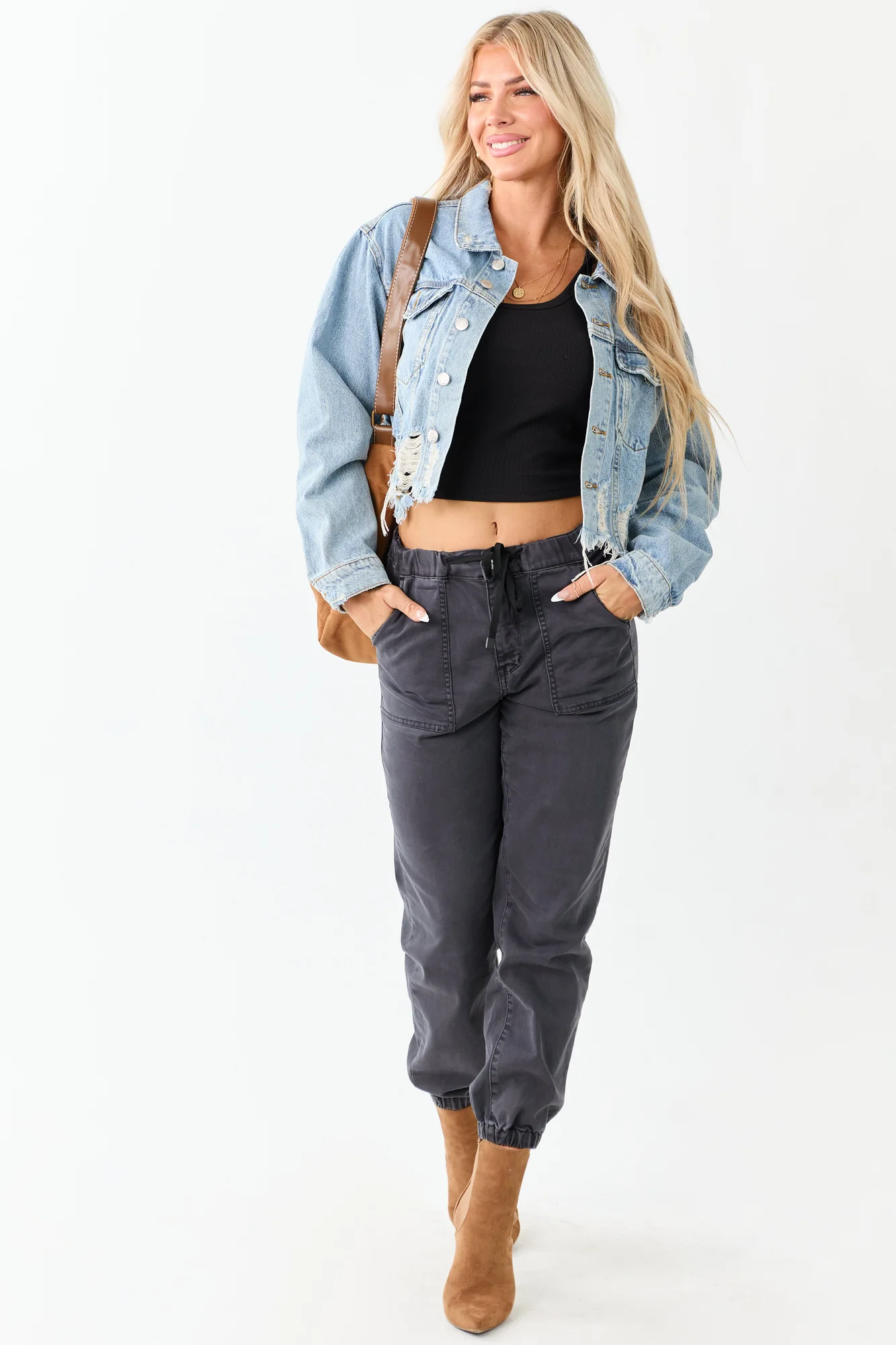 Mineral Wash Distressed Crop Denim Jacket