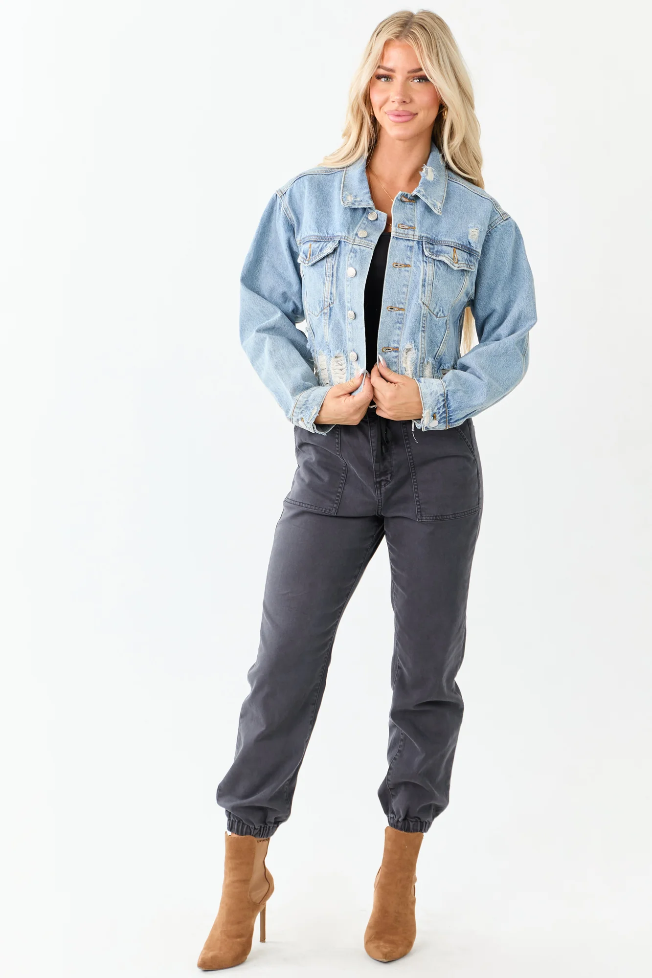 Mineral Wash Distressed Crop Denim Jacket