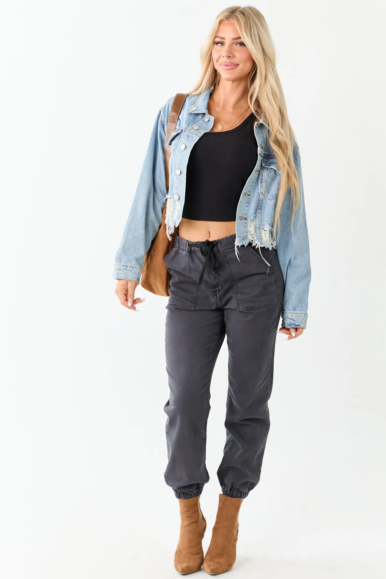 Mineral Wash Distressed Crop Denim Jacket