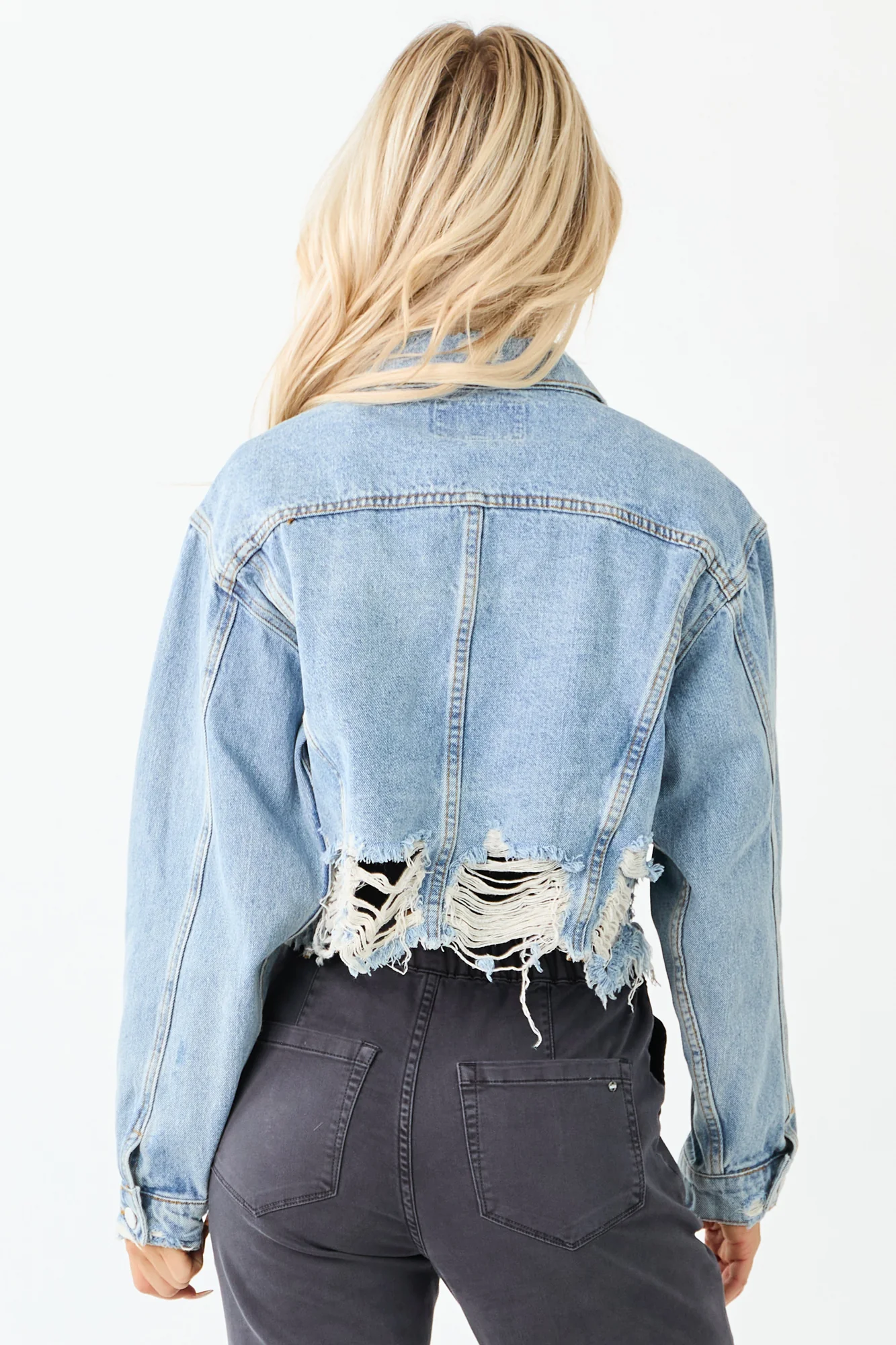 Mineral Wash Distressed Crop Denim Jacket