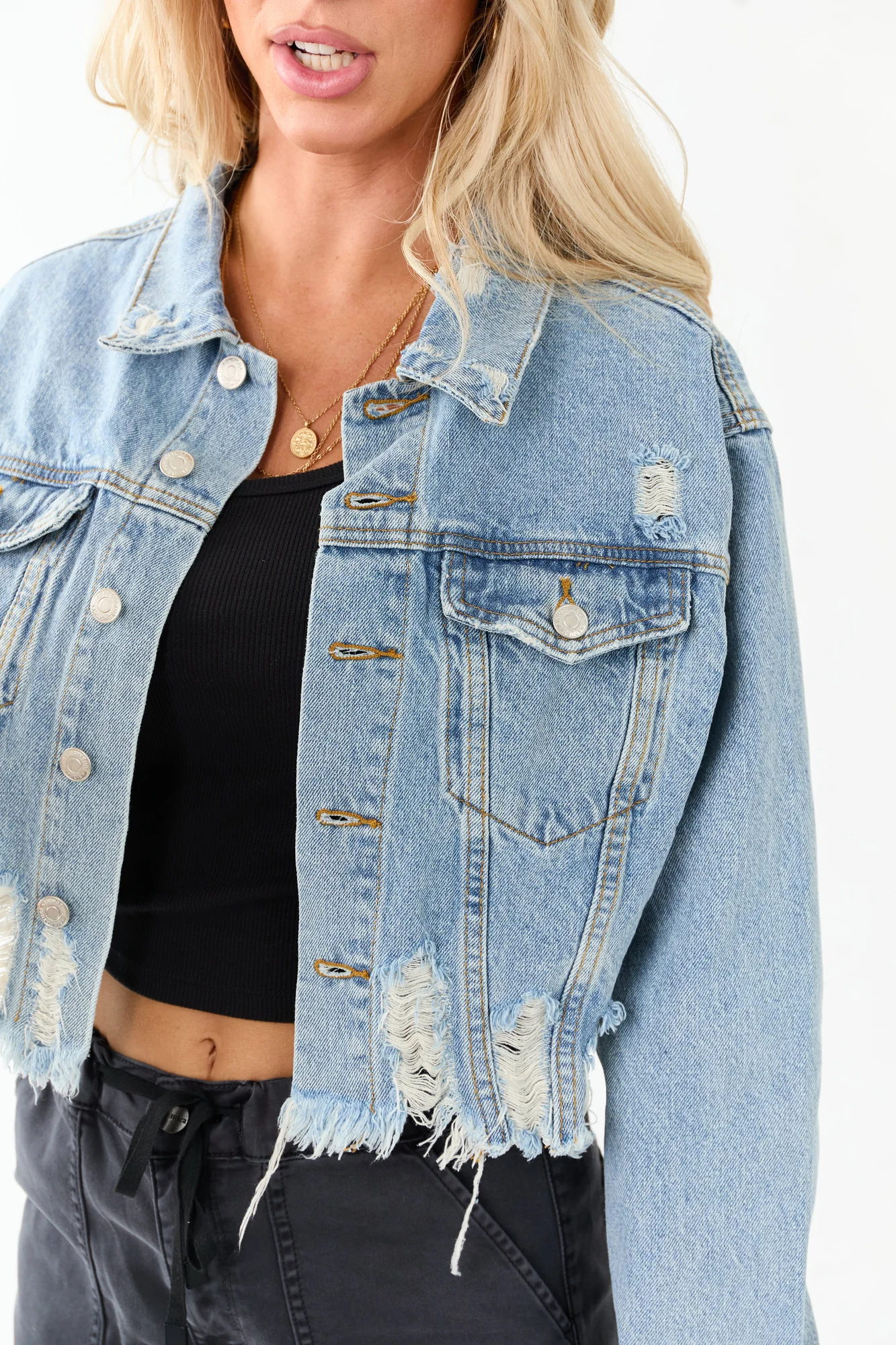 Mineral Wash Distressed Crop Denim Jacket