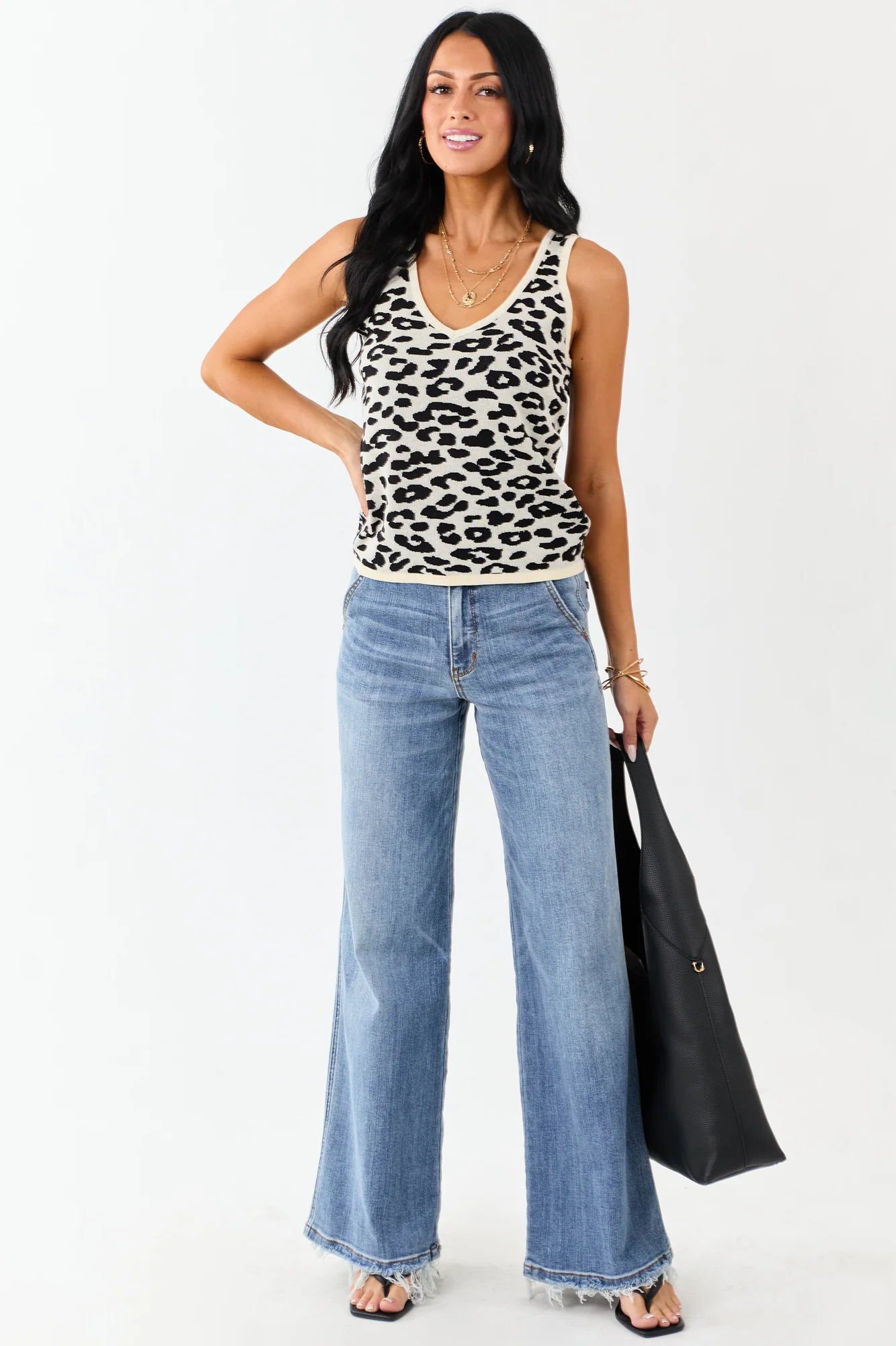 Leopard Print Knit Tank Top in Cream and Black