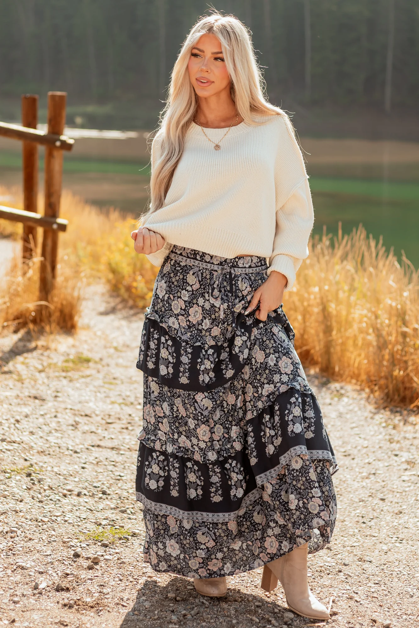 Navy Floral Tiered Maxi Skirt