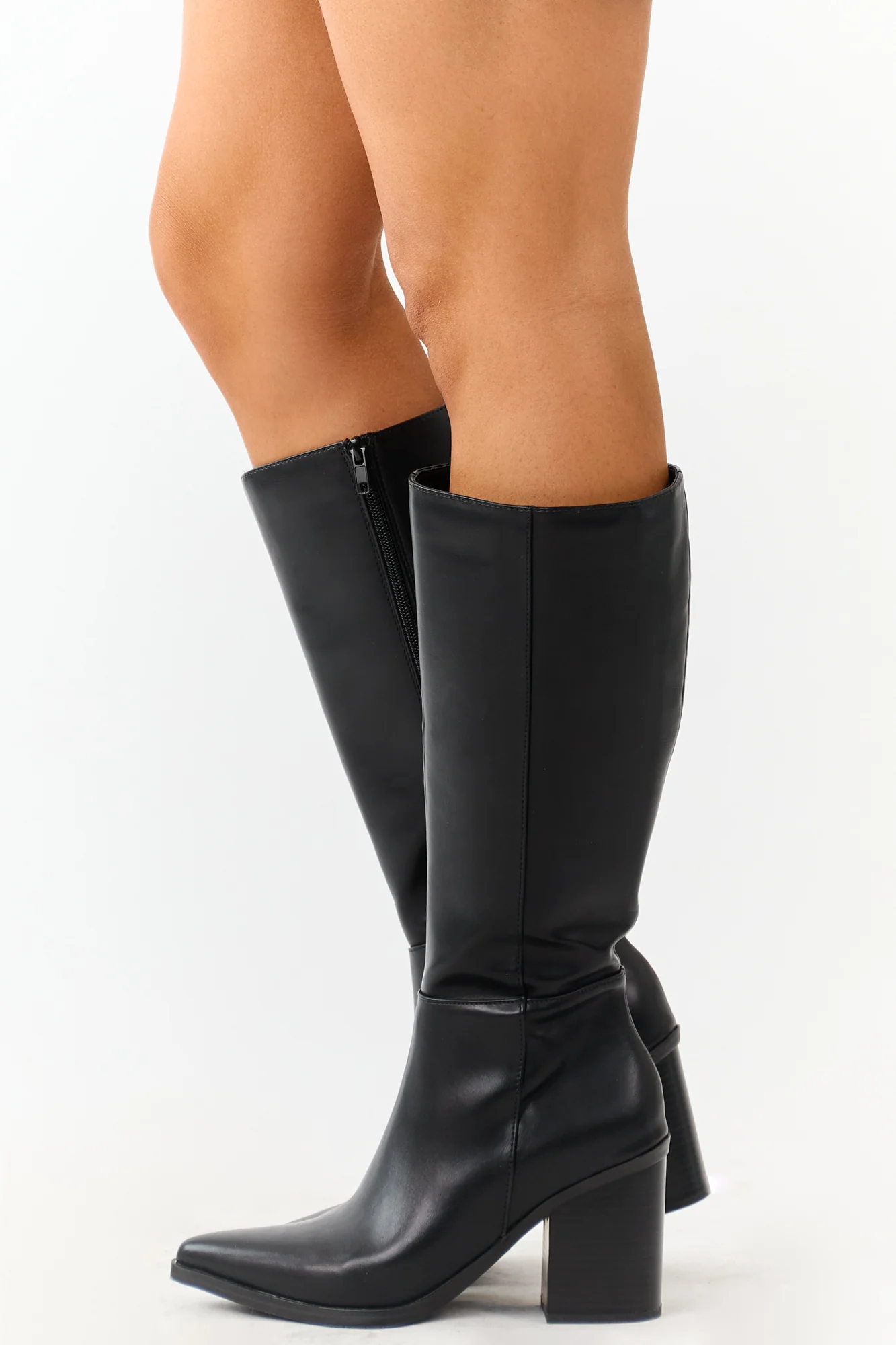 Womens Black Faux Leather Knee High Boots