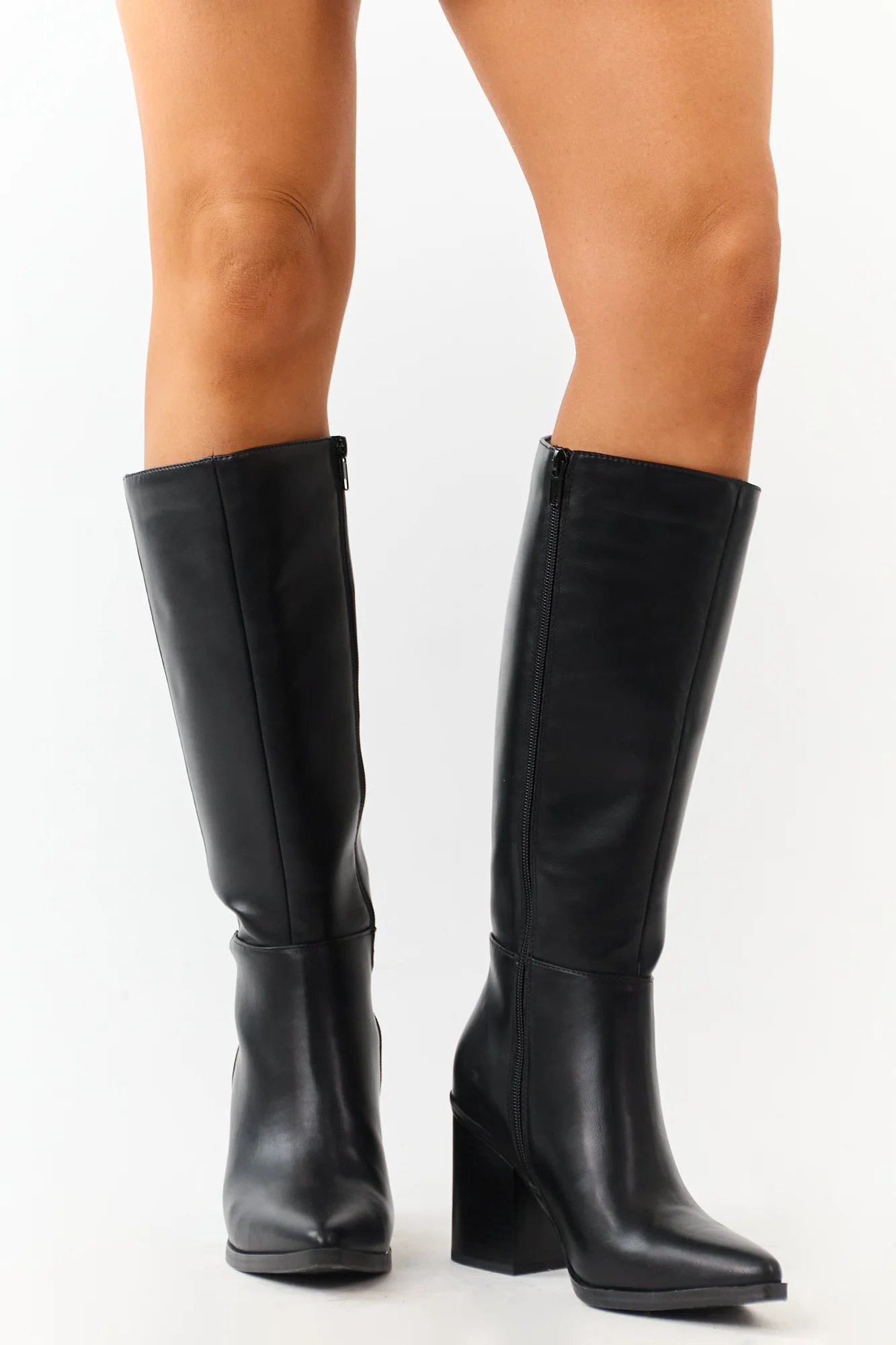 Womens Black Faux Leather Knee High Boots