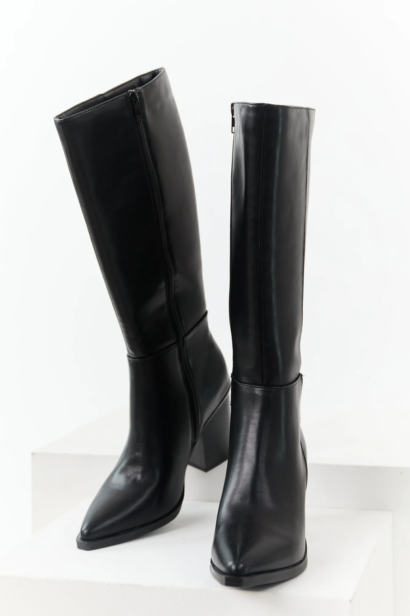Womens Black Faux Leather Knee High Boots