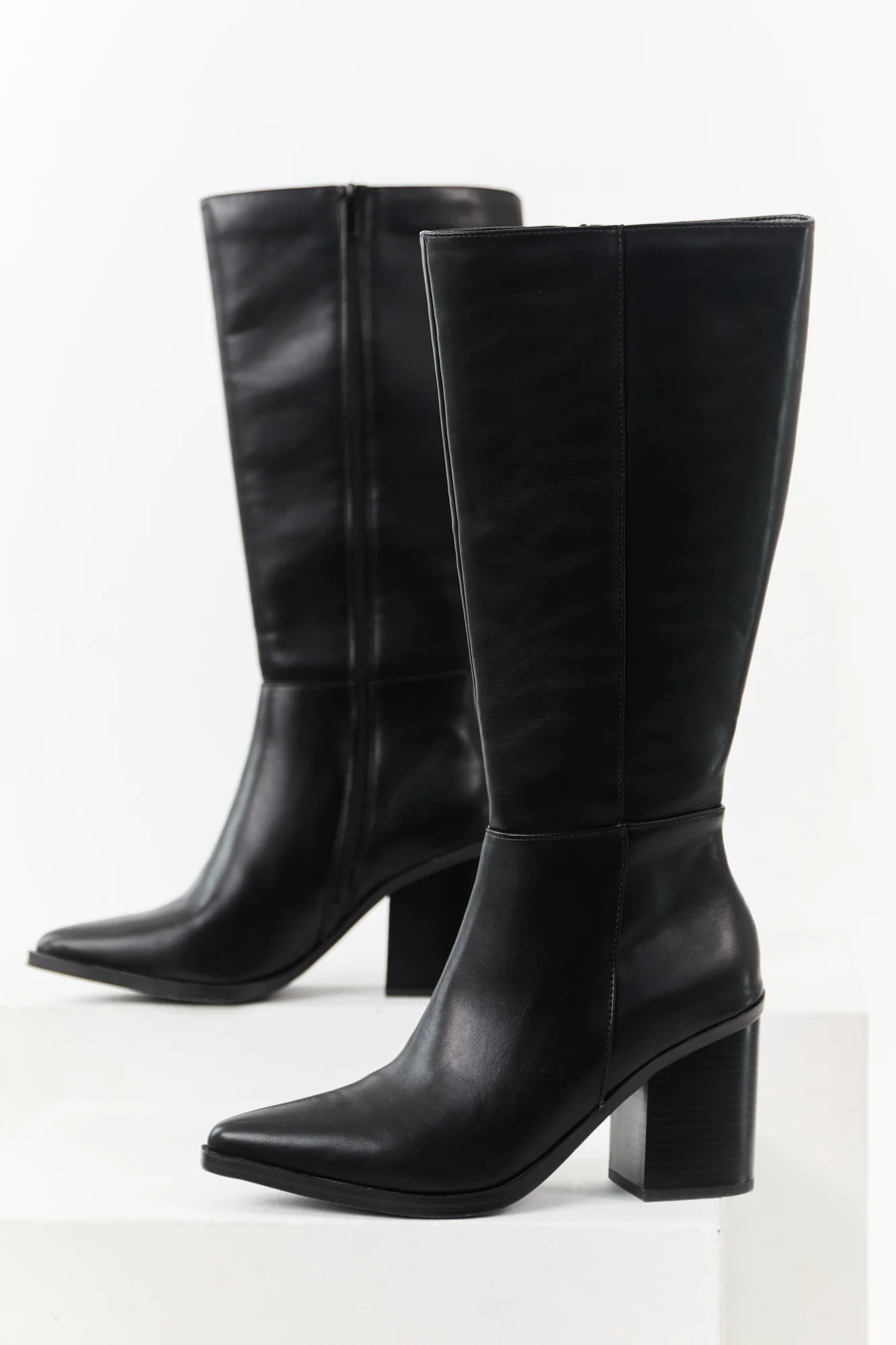 Womens Black Faux Leather Knee High Boots