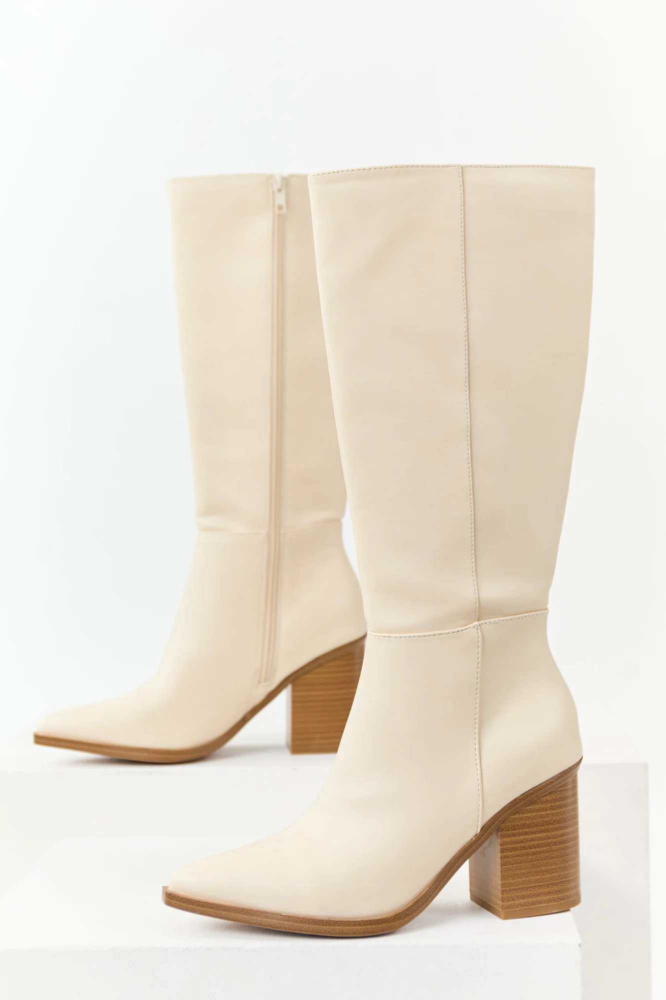 Tall Almond Faux Leather Block Heel Pointed Toe Boots