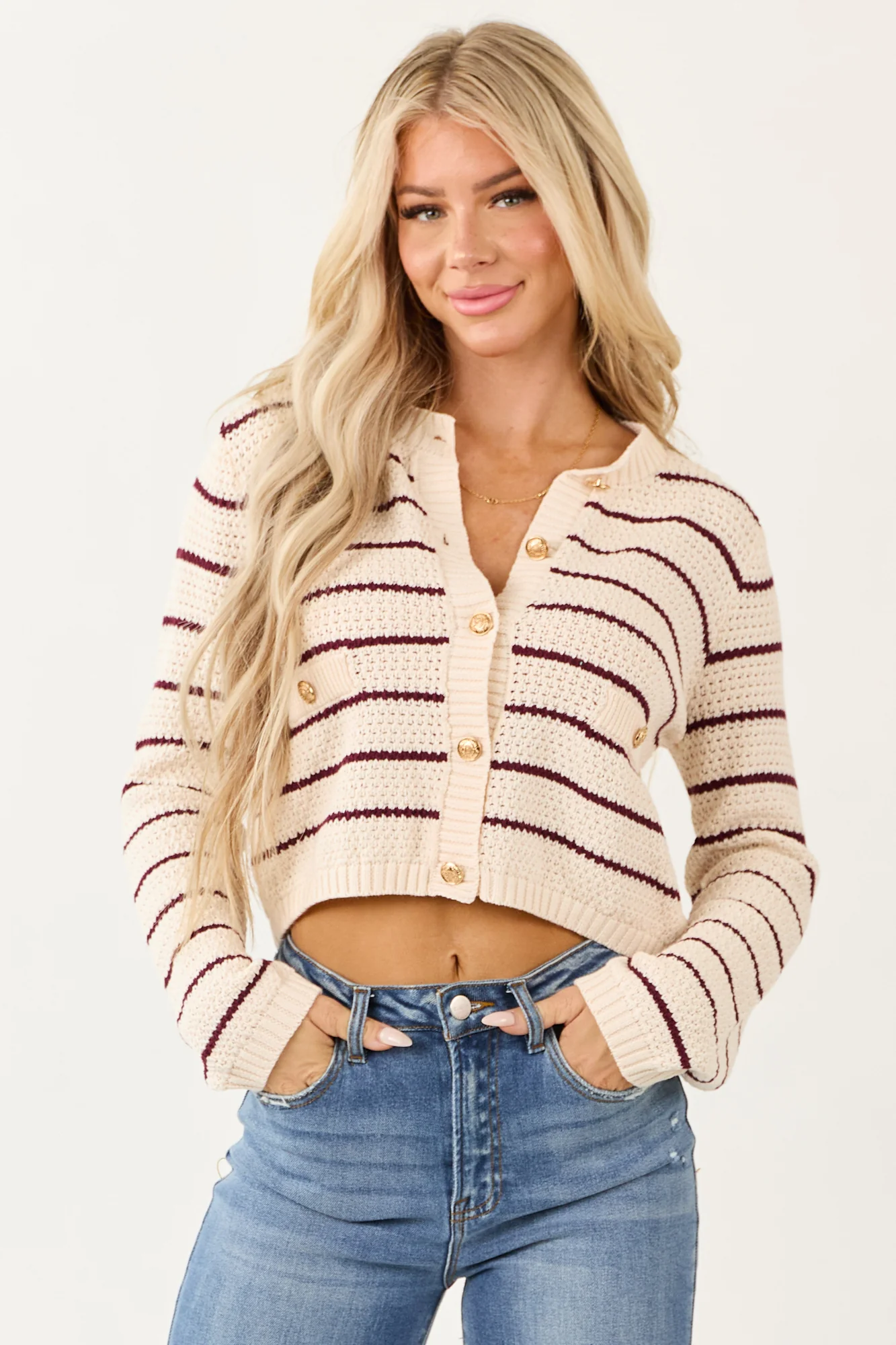 Maroon Striped Knit Cardigan Sweater