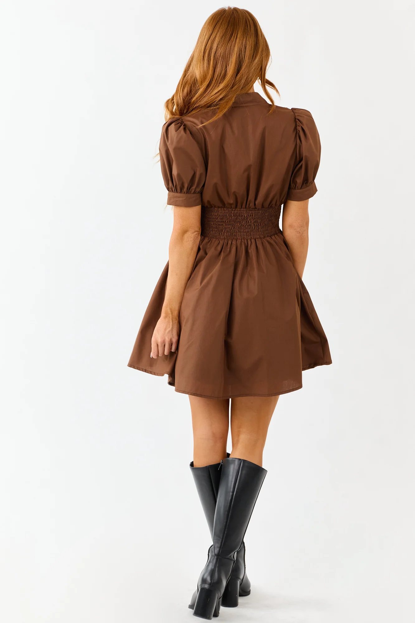 Sepia Smocked Mini Dress with Puff Sleeves