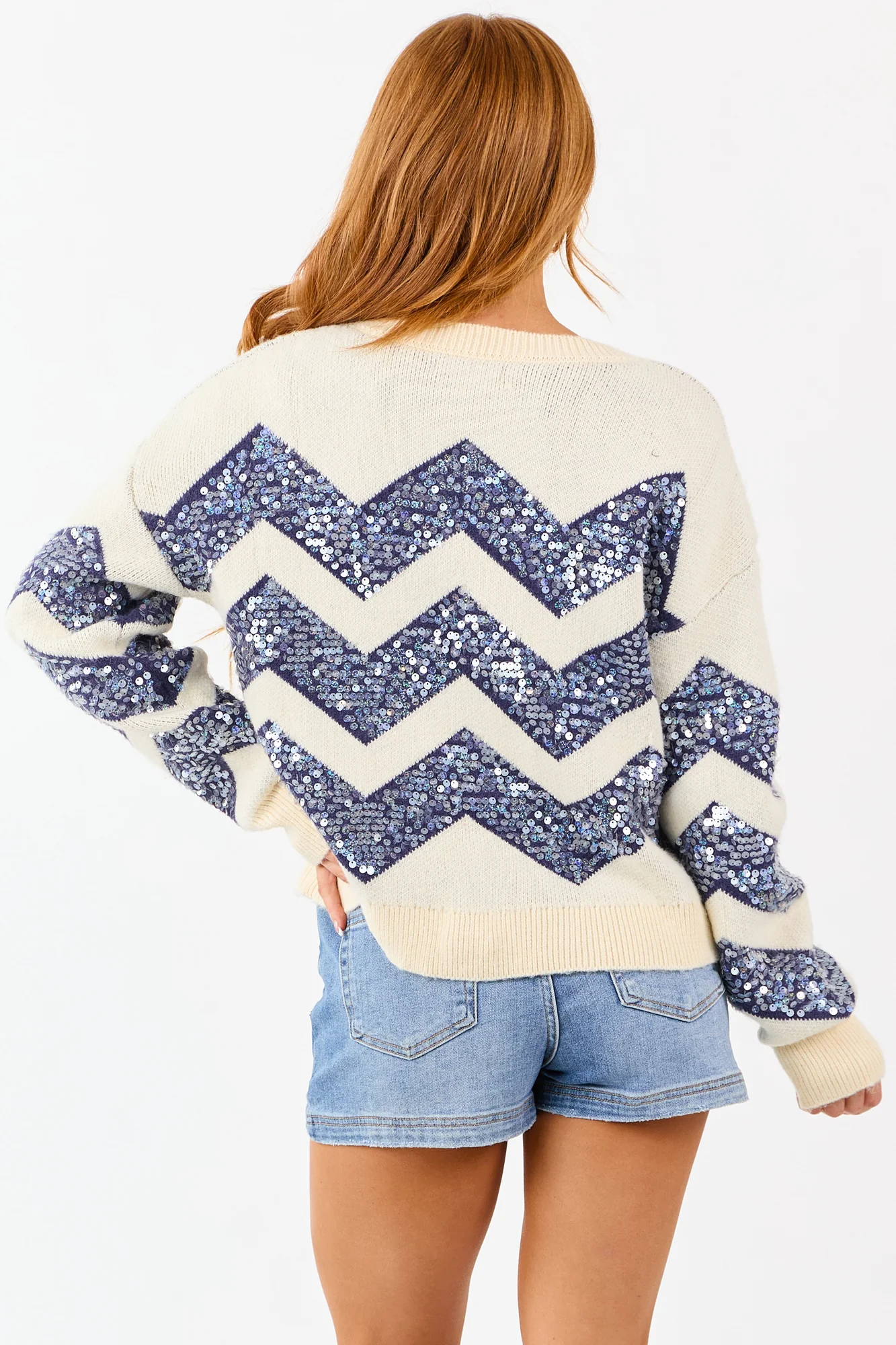 Navy Chevron Sequin Knit Sweater Womens Sparkling Chic Top