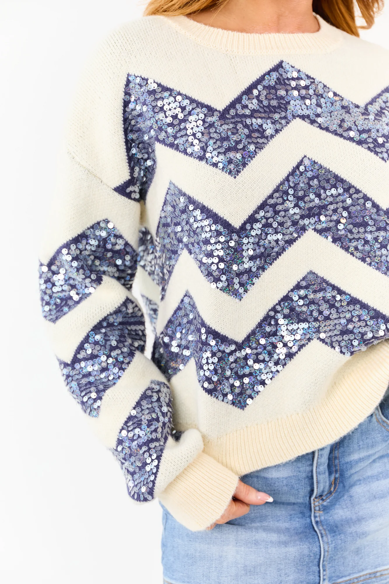 Navy Chevron Sequin Knit Sweater Womens Sparkling Chic Top