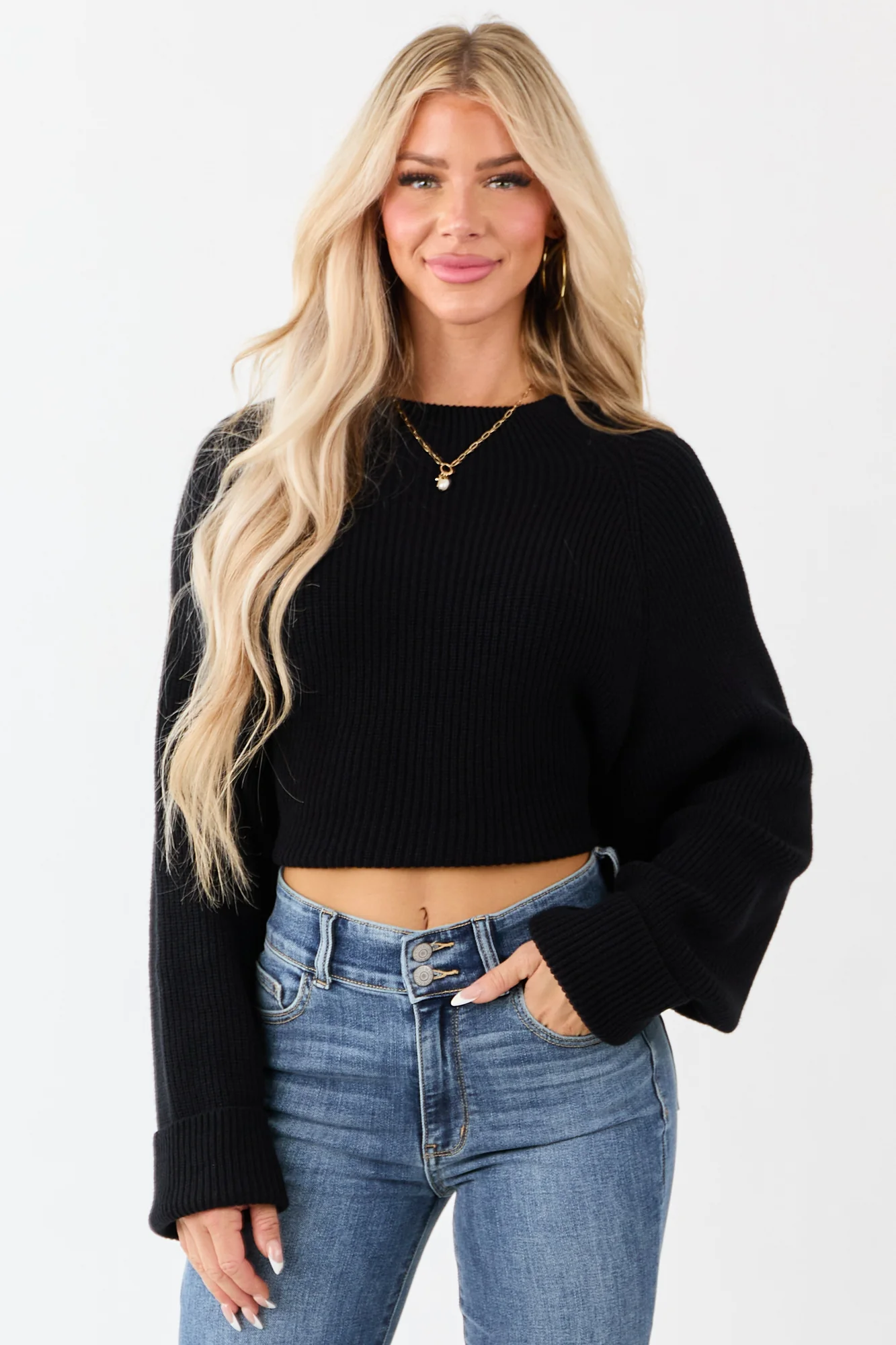 Ribbed Black Mock Neck Sweater with Back Cutout