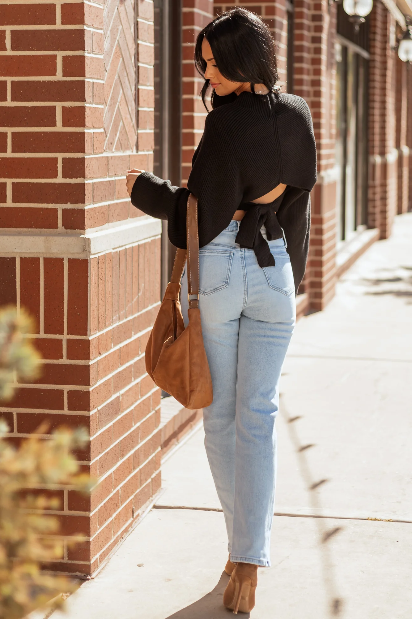 Ribbed Black Mock Neck Sweater with Back Cutout