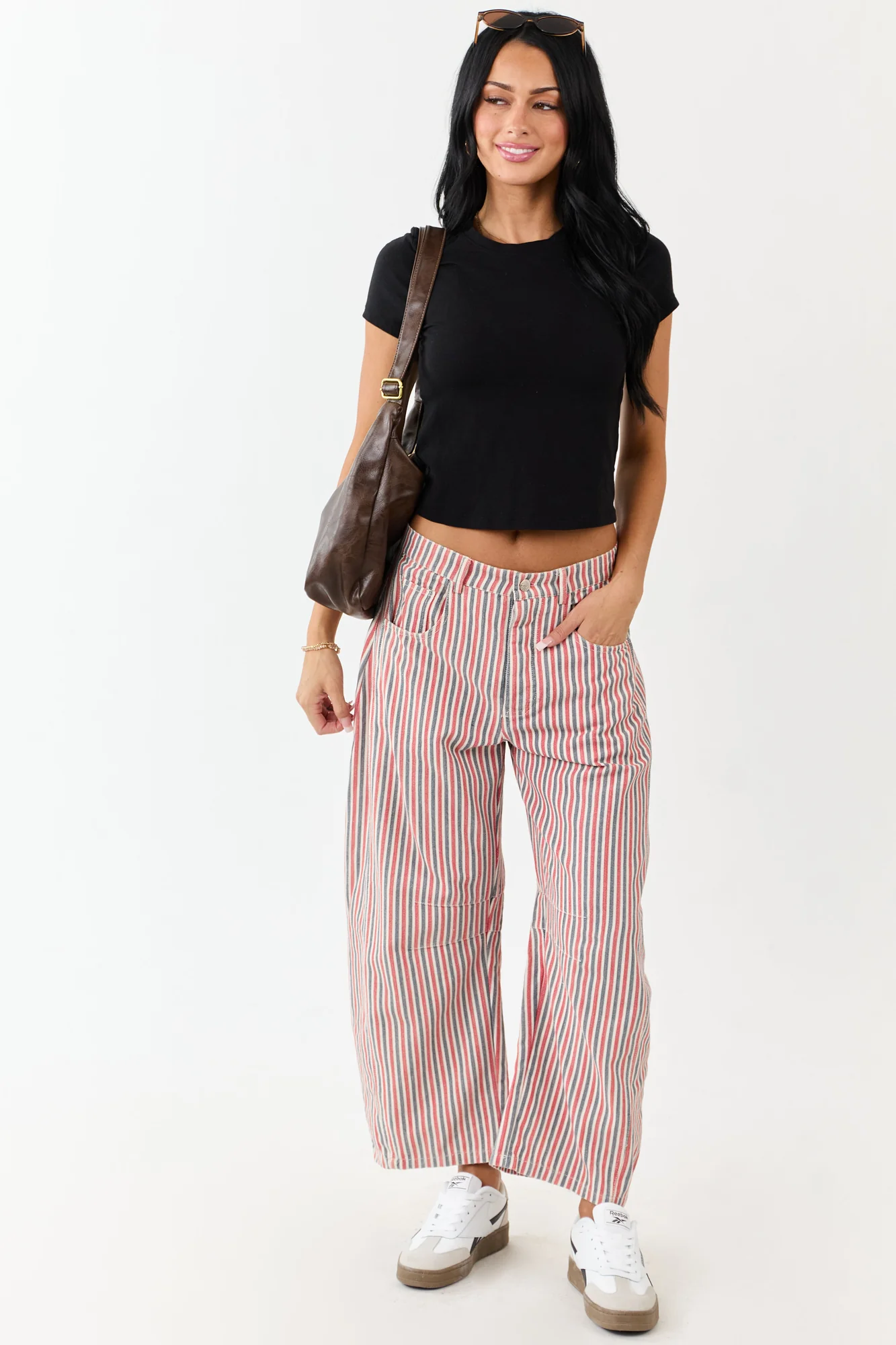 Striped High-Rise Barrel Fit Cropped Pants in Steel Blue Ruby Cream