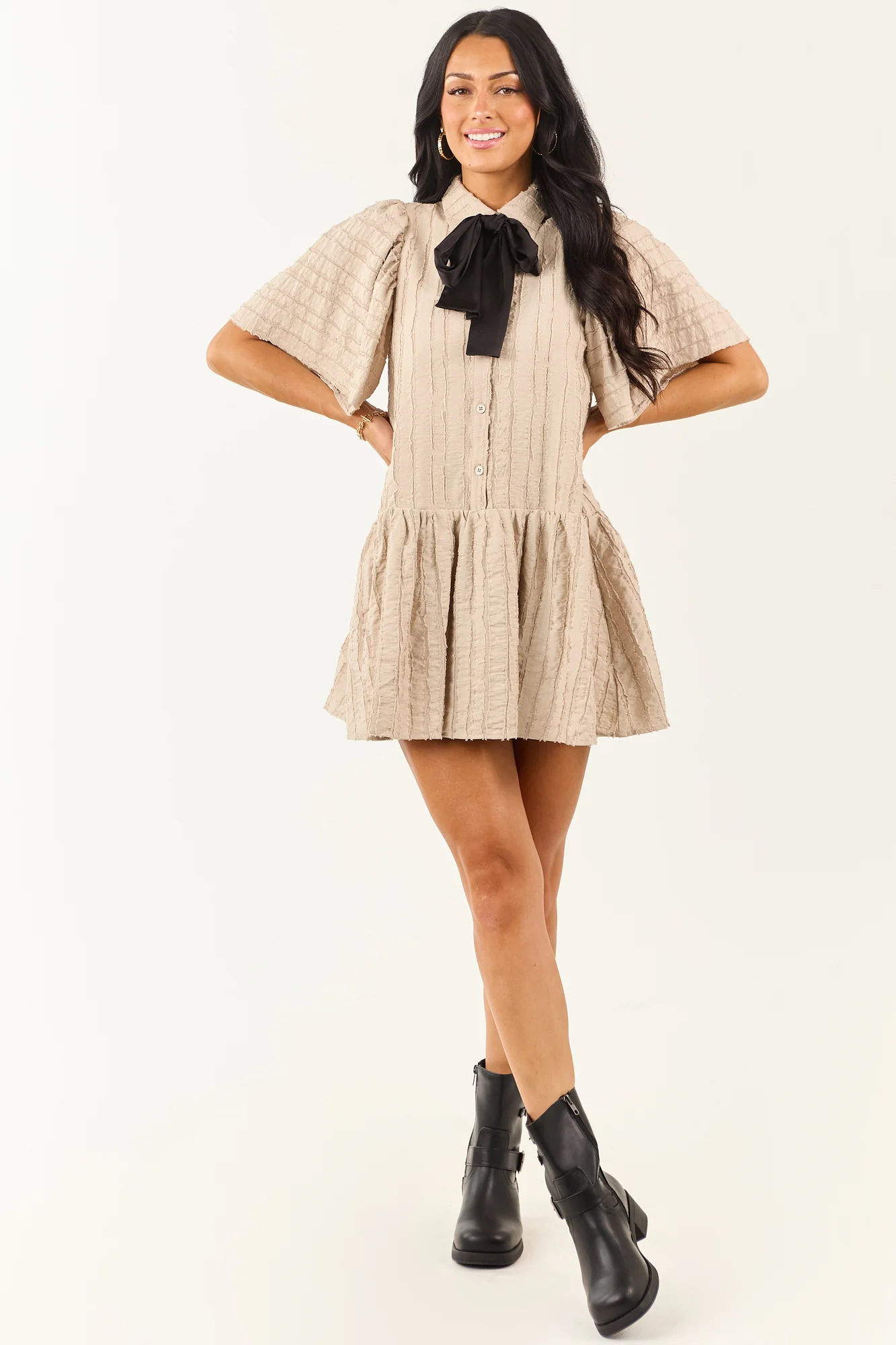 Taupe Button Down Tent Dress with Satin Neck Tie