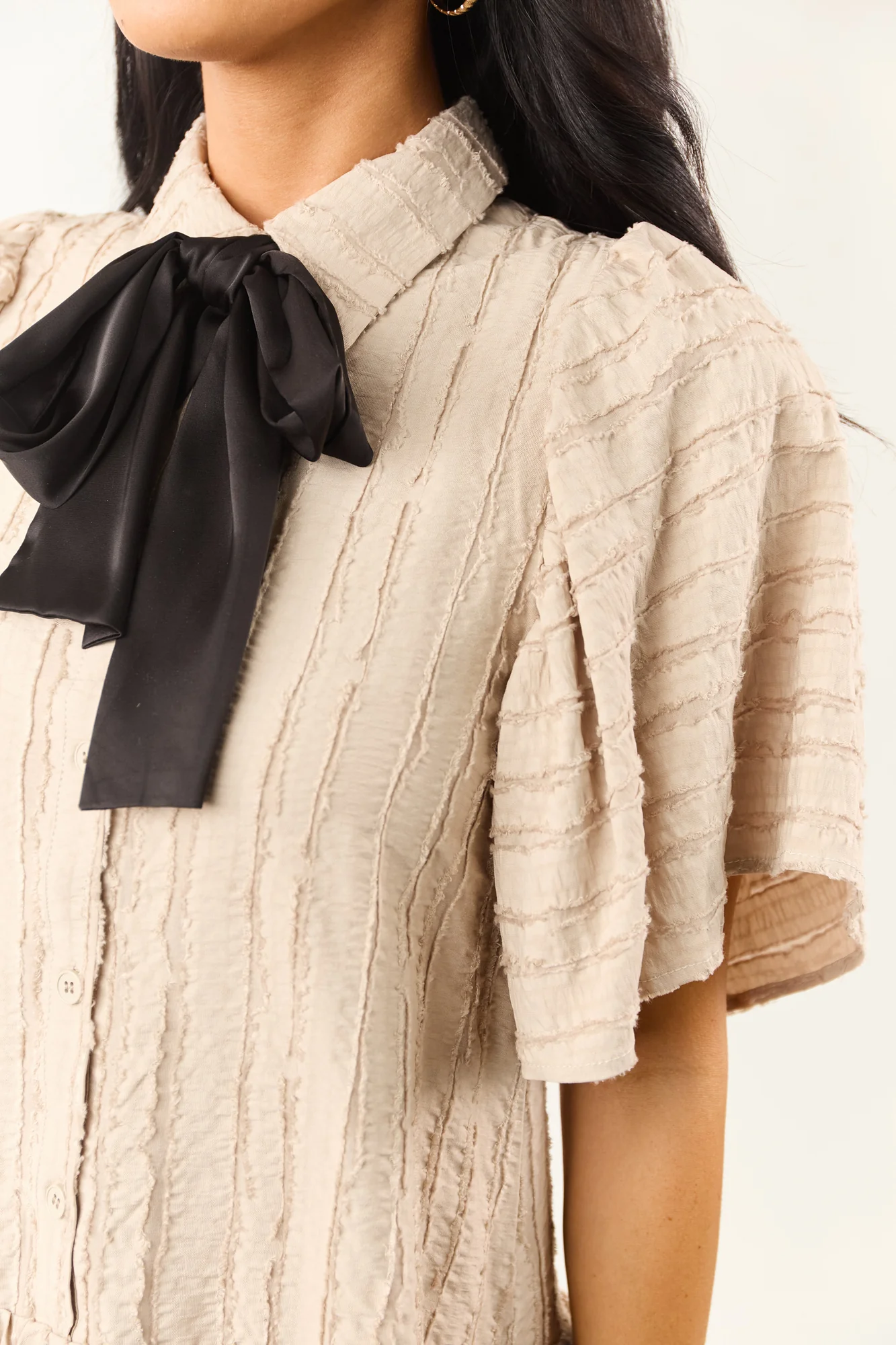 Taupe Button Down Tent Dress with Satin Neck Tie