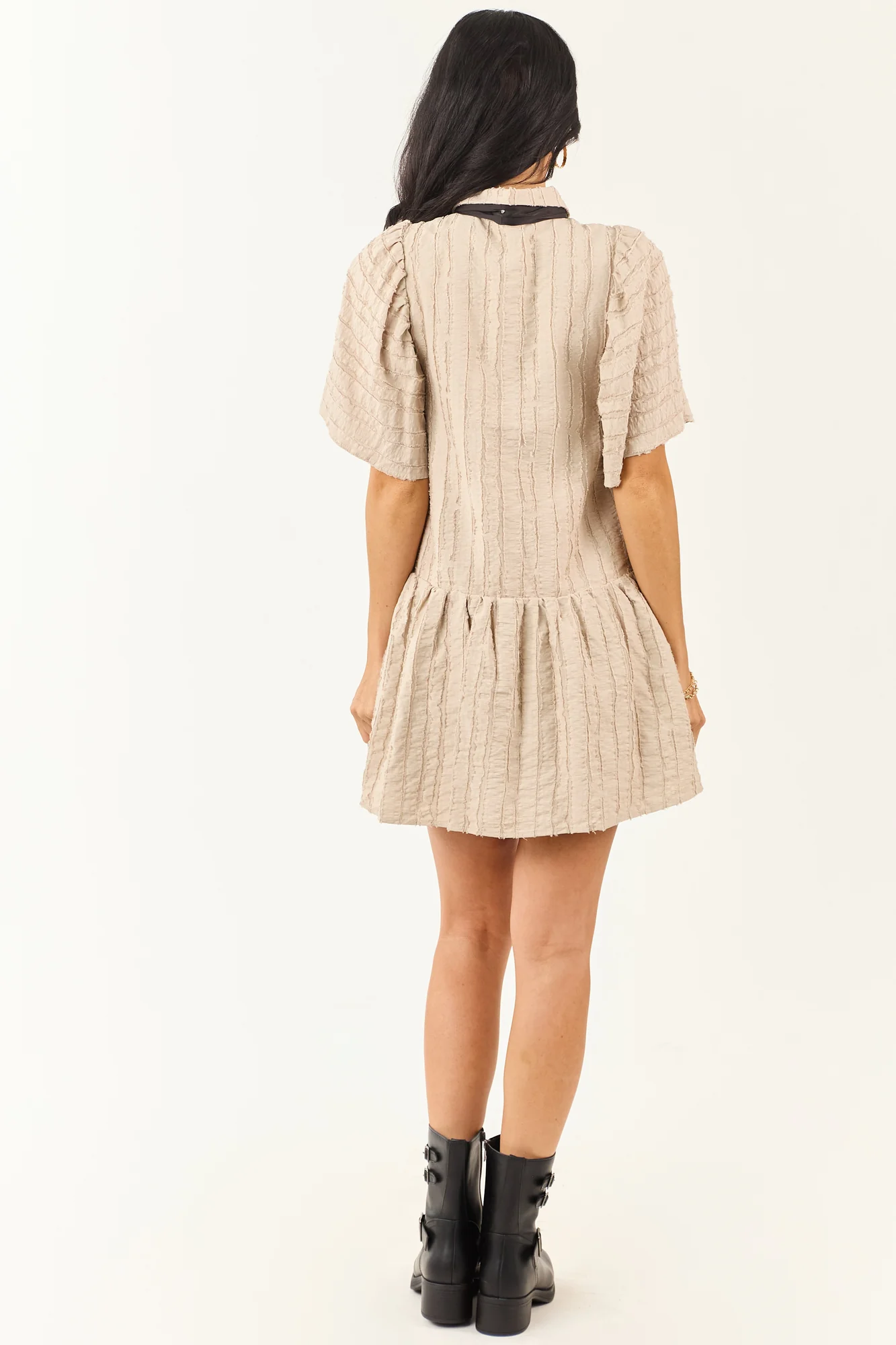 Taupe Button Down Tent Dress with Satin Neck Tie