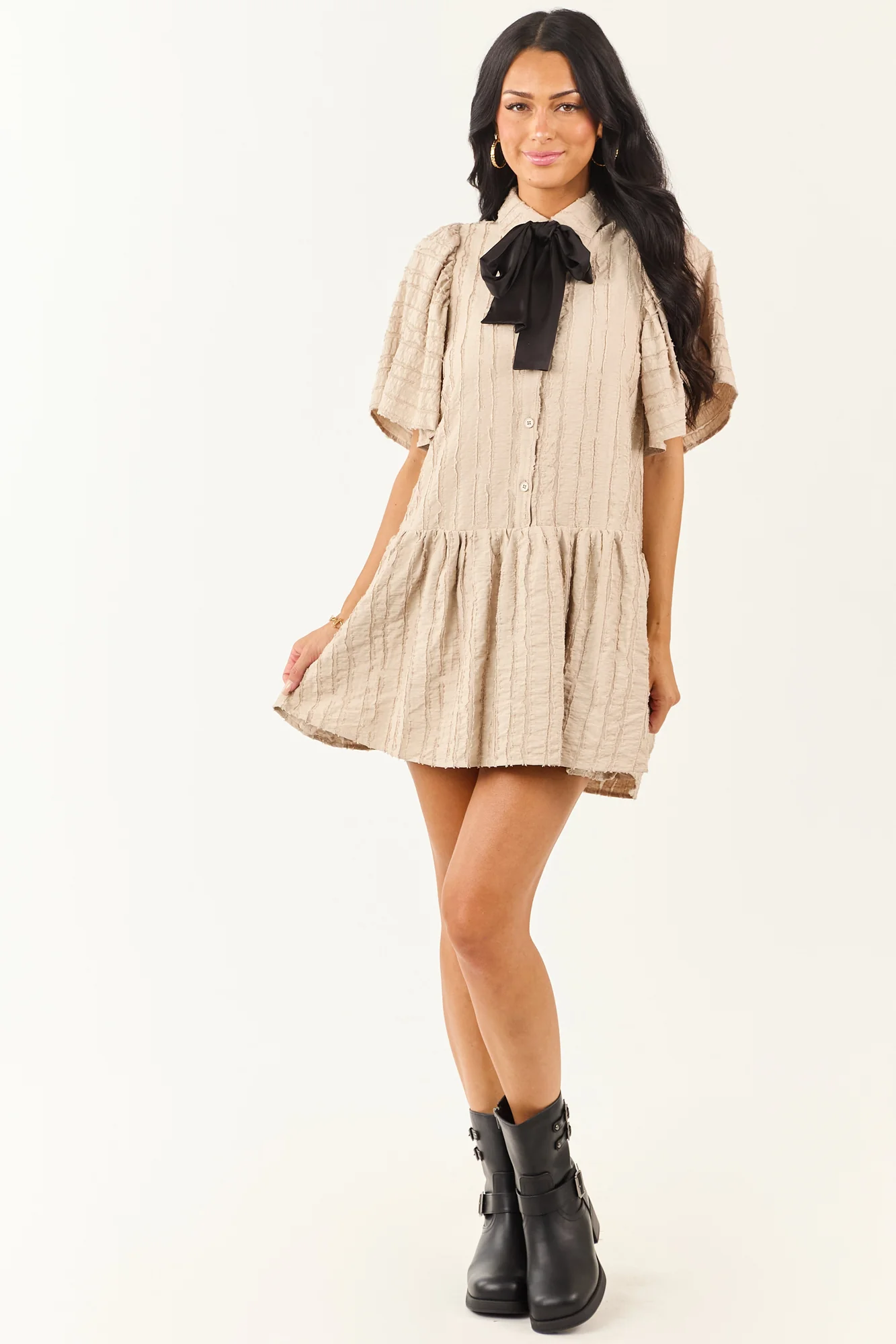 Taupe Button Down Tent Dress with Satin Neck Tie