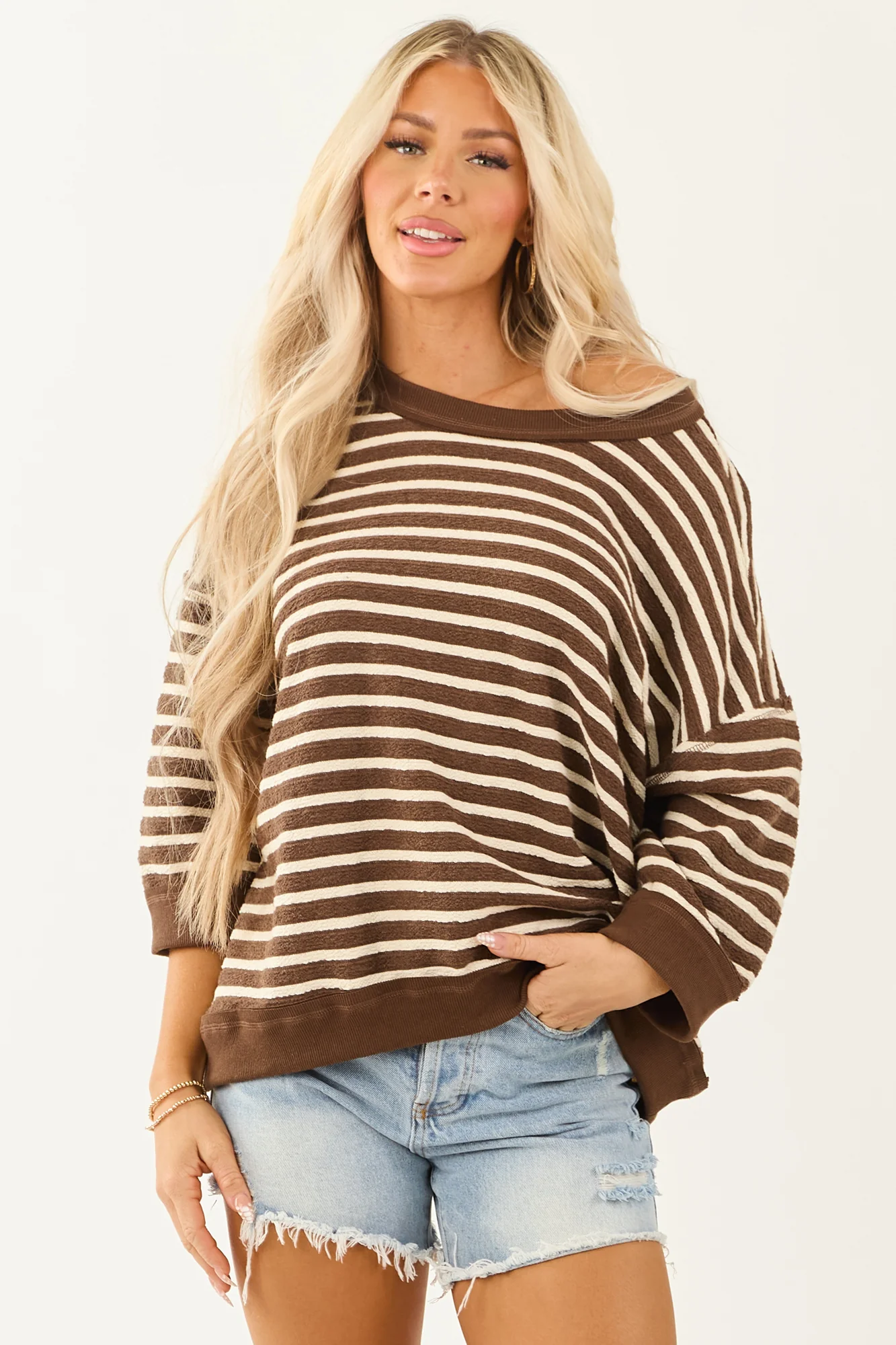 Brown Stripe 3/4 Sleeve Cotton Oversized Sweater