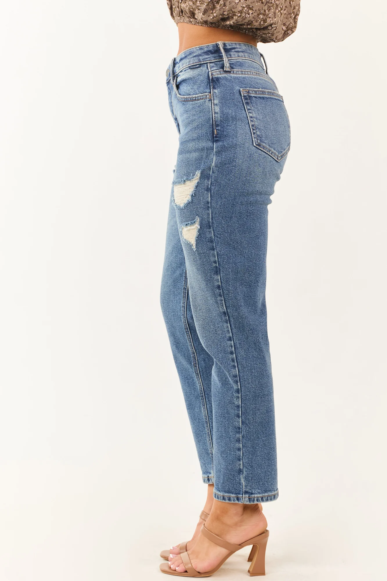 Medium Wash Distressed Slim Straight Jeans - High Rise Ankle Length
