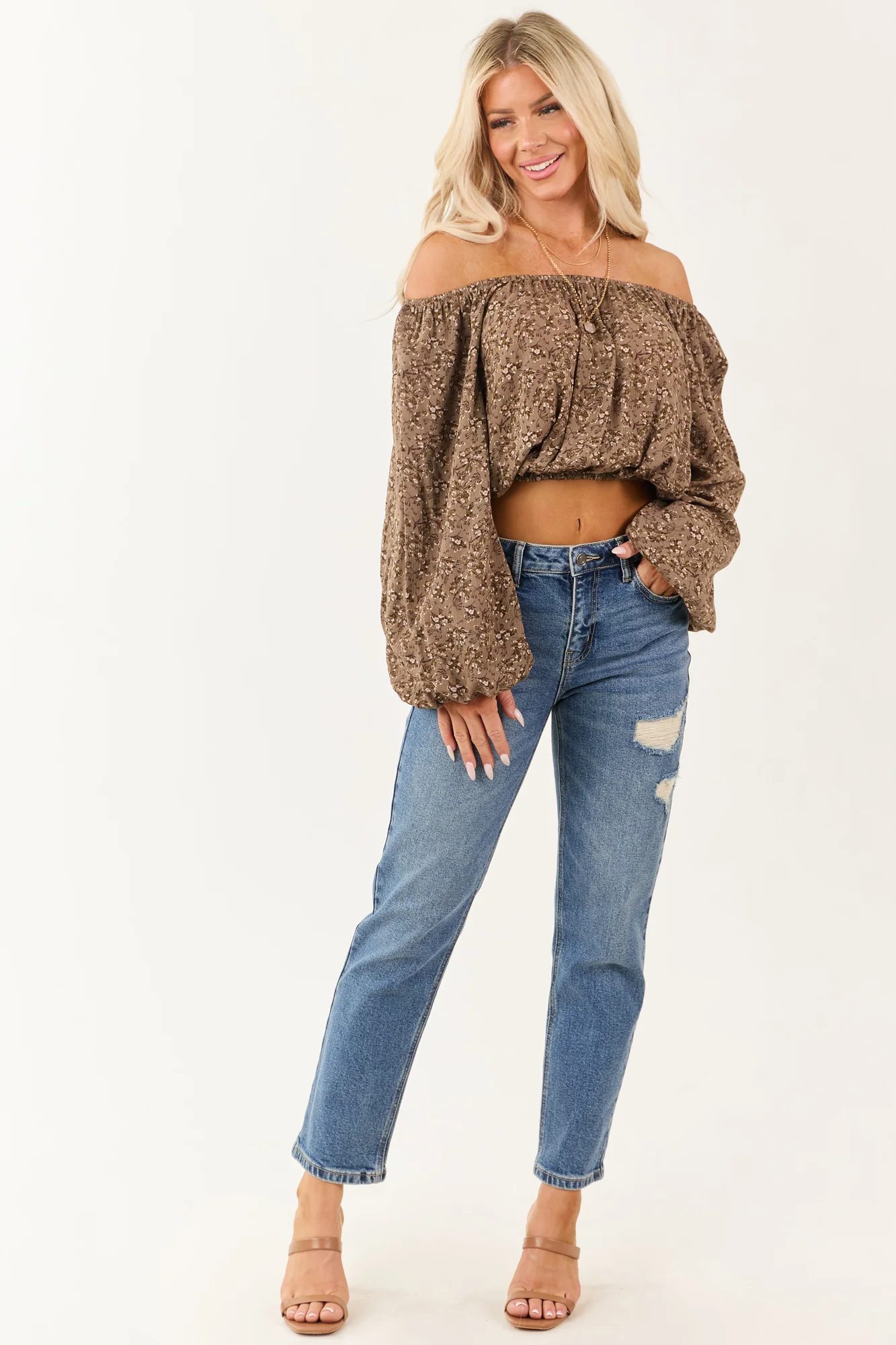 Medium Wash Distressed Slim Straight Jeans - High Rise Ankle Length