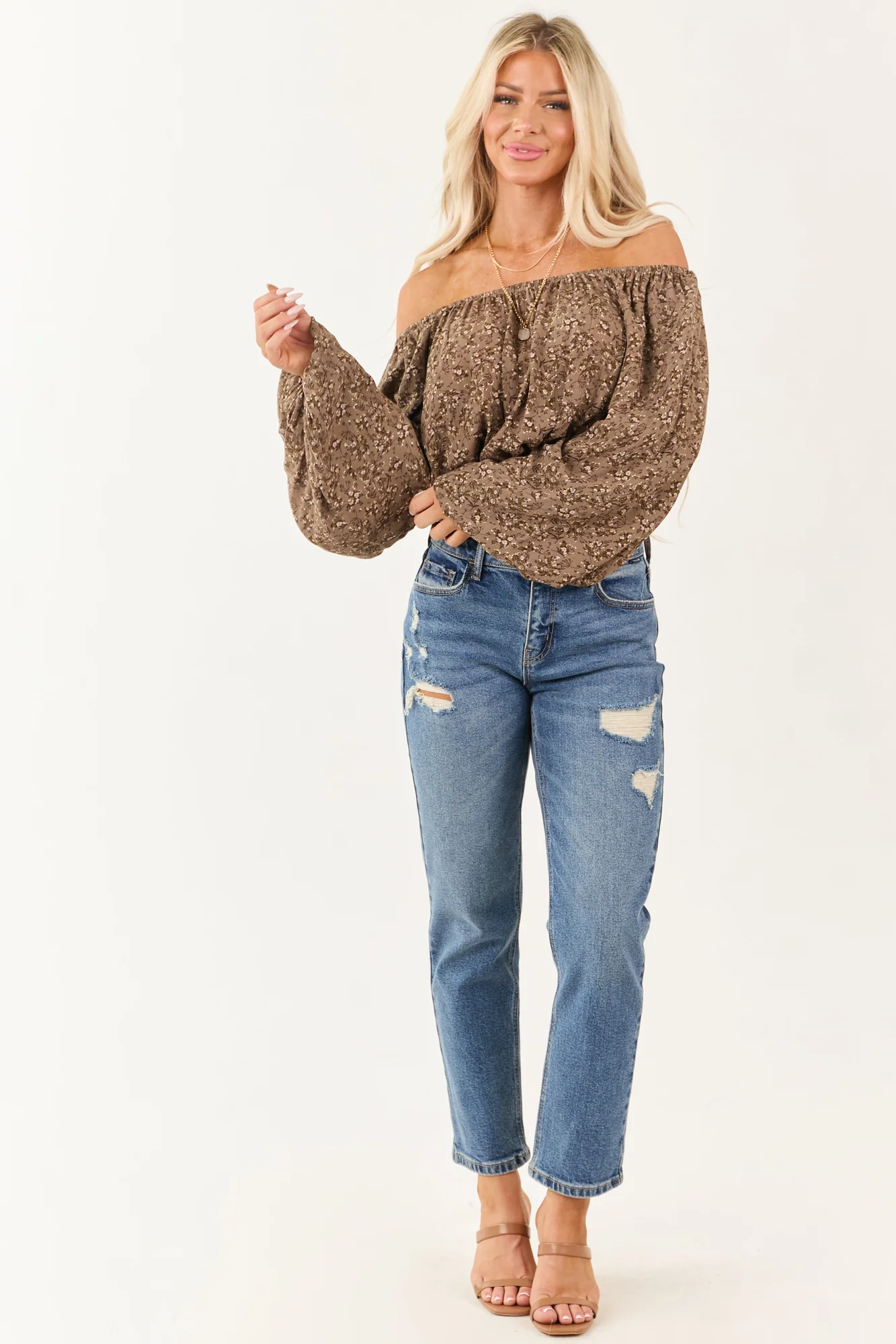 Medium Wash Distressed Slim Straight Jeans - High Rise Ankle Length