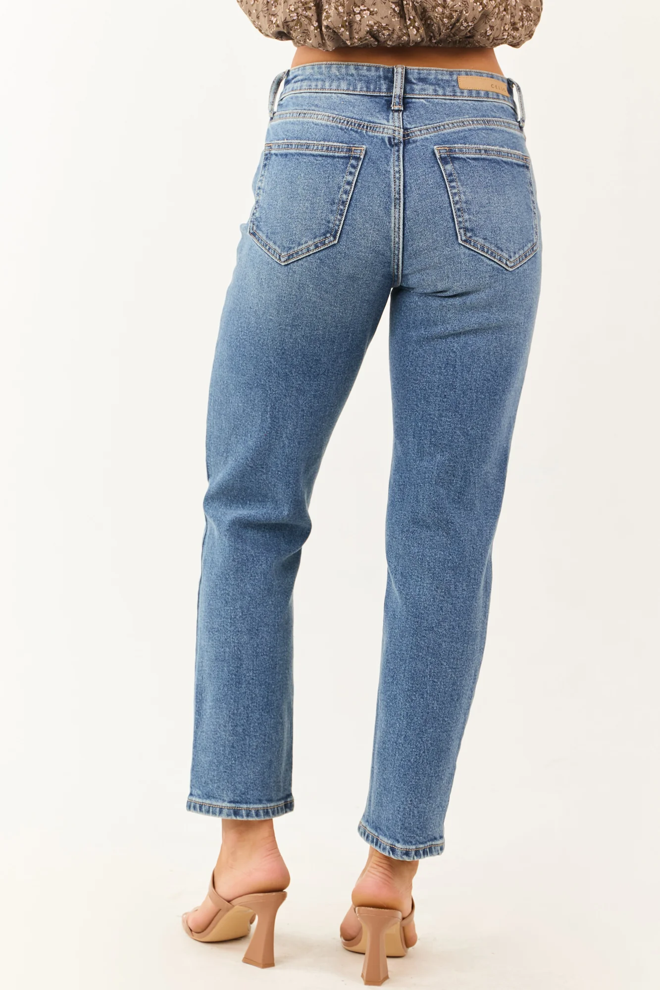 Medium Wash Distressed Slim Straight Jeans - High Rise Ankle Length